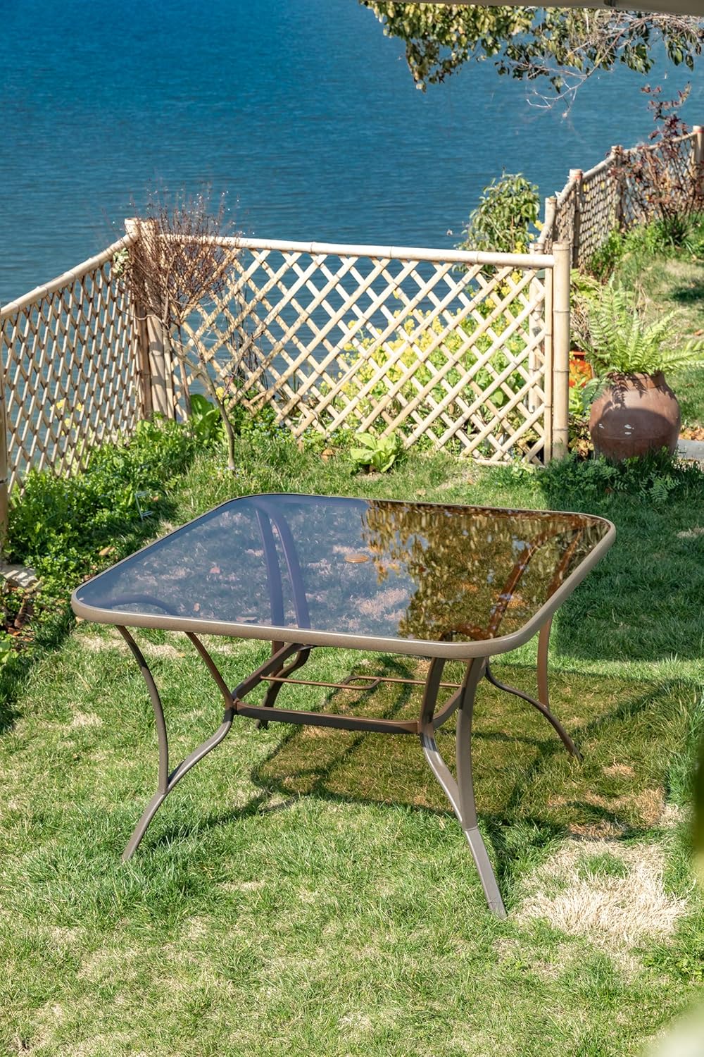 40" Outdoor Patio Dining Table Metal Square Bistro Coffee Table Furniture, Golden Brown Tempered Glass Top with Umbrella Hole: Kitchen & Dining