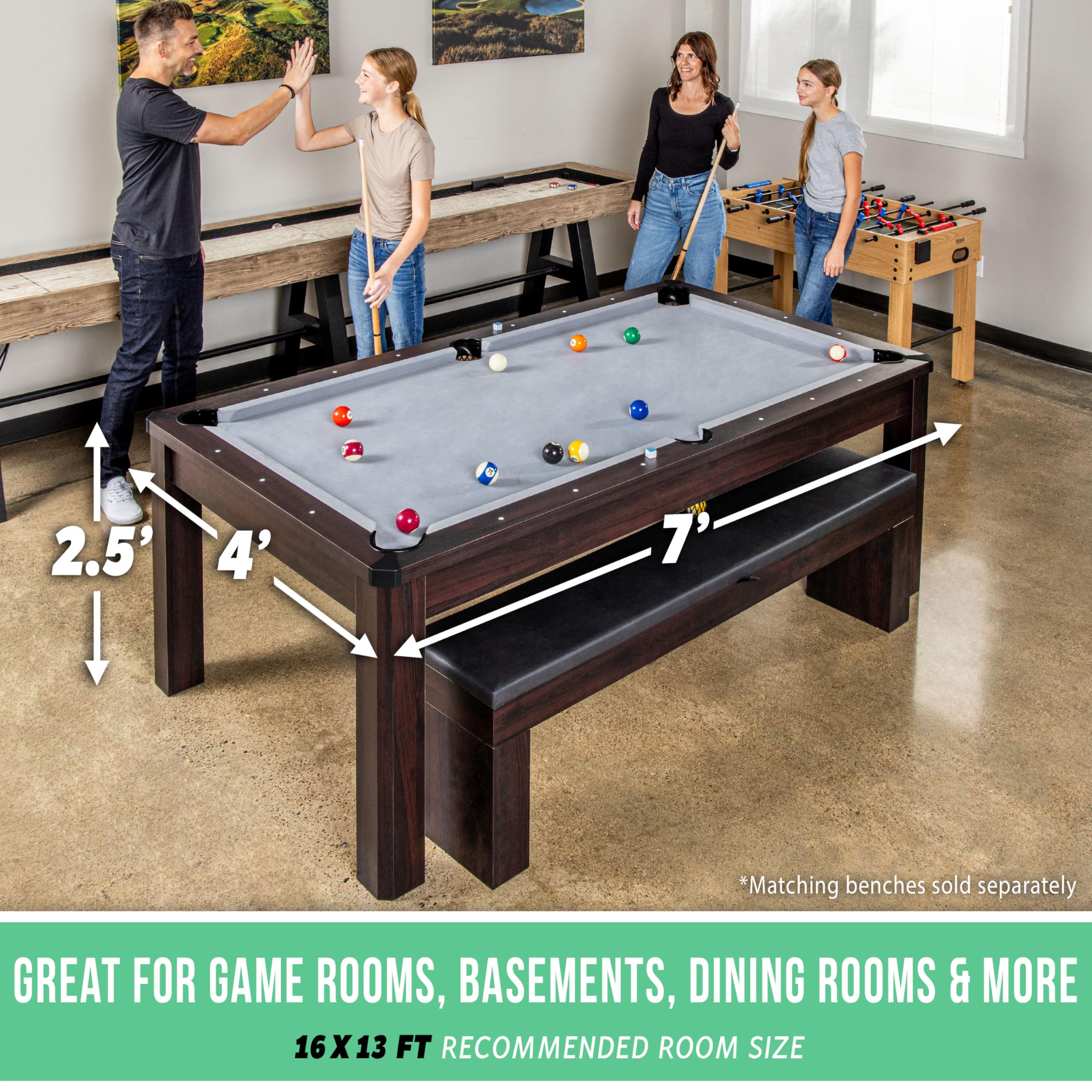 GoSports 7 ft 3 in 1 Pool, Dining, & Table Tennis Combo Table and Storage Benches - Convertible Top Game Table with Billiards and Table Tennis Accessories