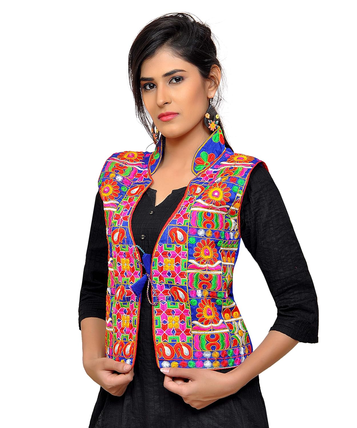 banjara women's cotton blend kutchi jacket/koti (mjk-skeri04) - blue