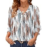 AKEWEI 3/4 Length Sleeve Womens Tops Summer Fashion V Neck Business Casual Blouses Smocked Shirts