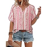 Unixseque Womens Summer Tops V Neck Short Sleeve Blouses Casual Button Down Shirts Floral Boho Clothing Trendy 2025