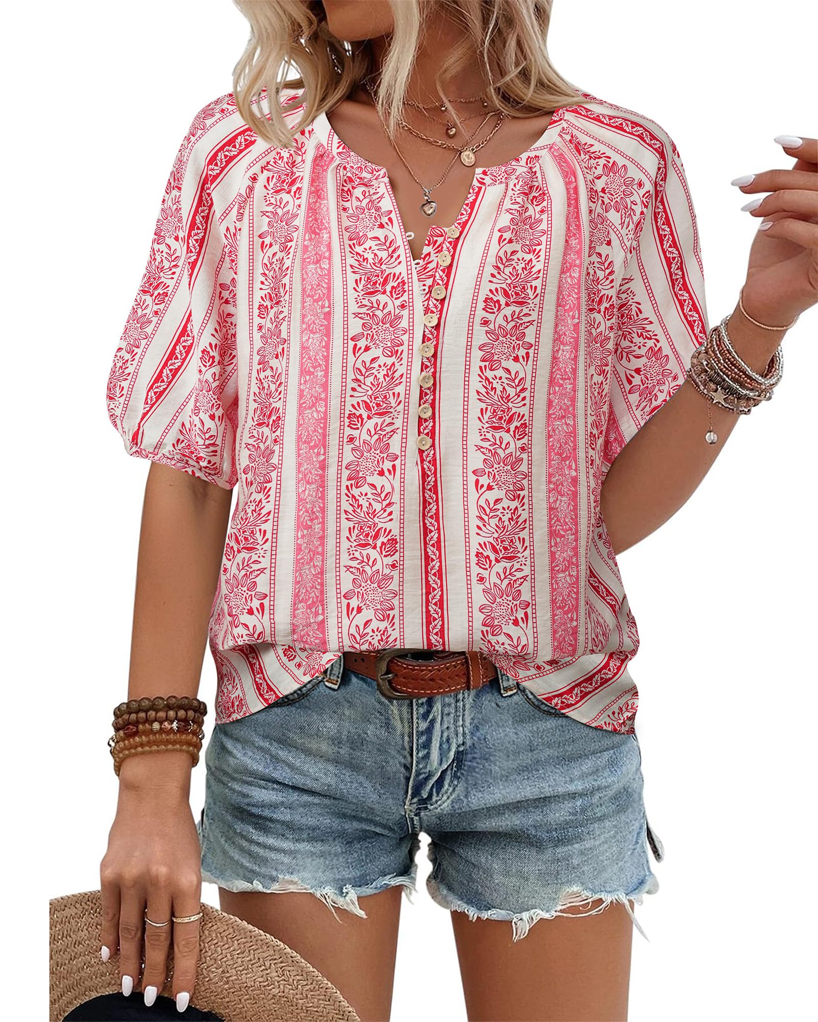 Photo 1 of ***STAINED****SIZE XL ! Unixseque Summer Tops for Women 2025: Womens Blouses Floral Print Trendy Casual - Flowy Tops for Women - Vacation Outfits Ladies Business Casual Spring Outfits Peasant Blouses, XL