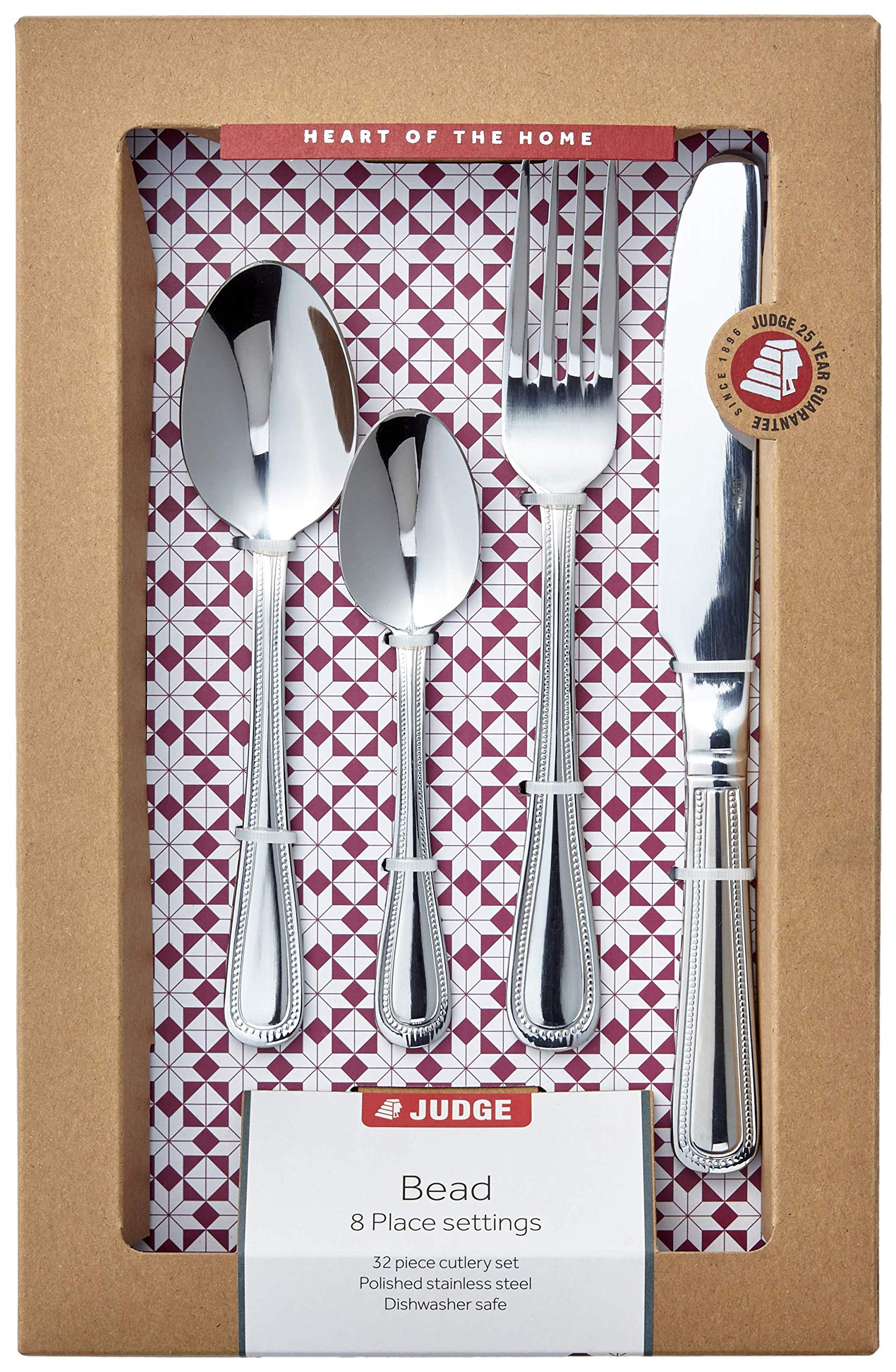 Judge Bead 32-Piece Stainless Steel Cutlery Set in Gift Box for 8 People, Dishwasher Safe - 25 Year Guarantee