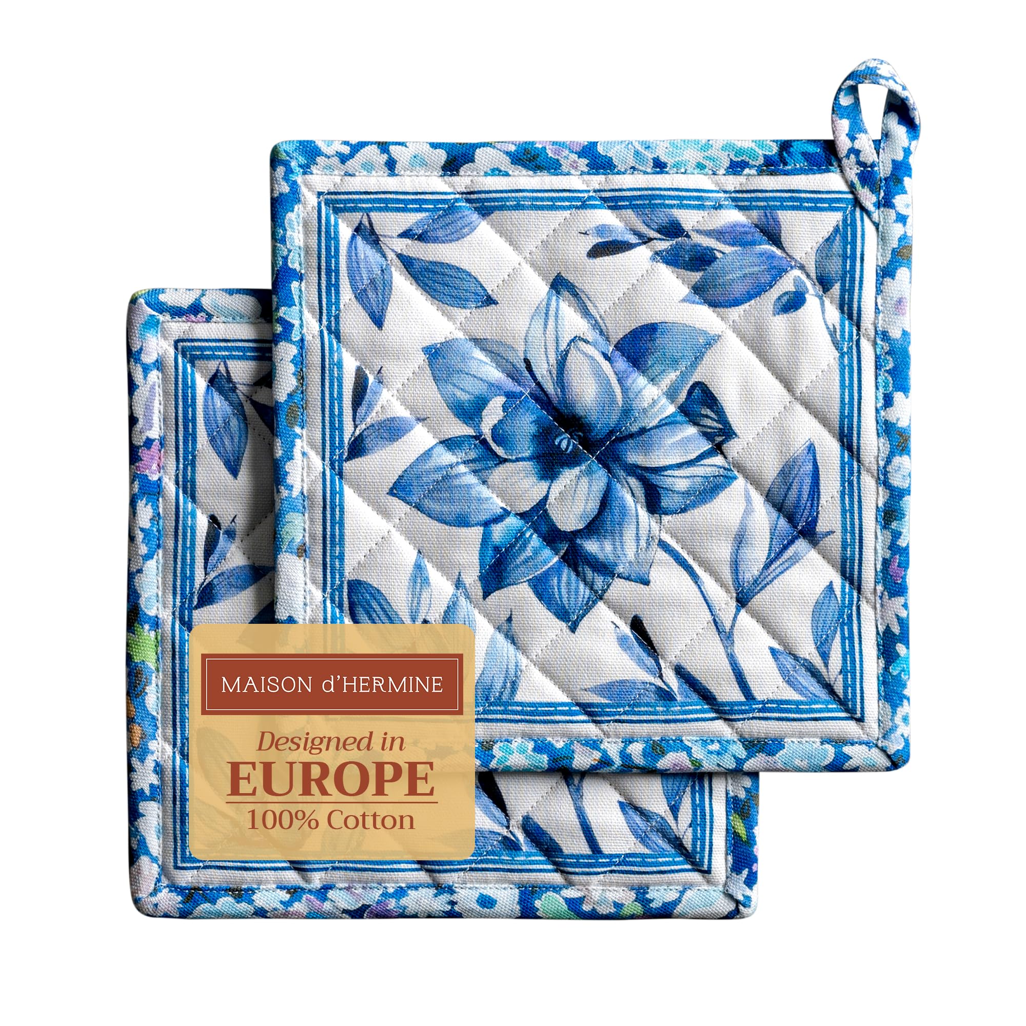 Maison d' Hermine Pot Holders Set 100% Cotton Heat Resistant Potholders 20 cm x 20 cm Hot Pads with Loop for BBQ Cooking Baking Handling Hot Pans Gifts for Mothers Day (Pack of 2, Summer Blues)