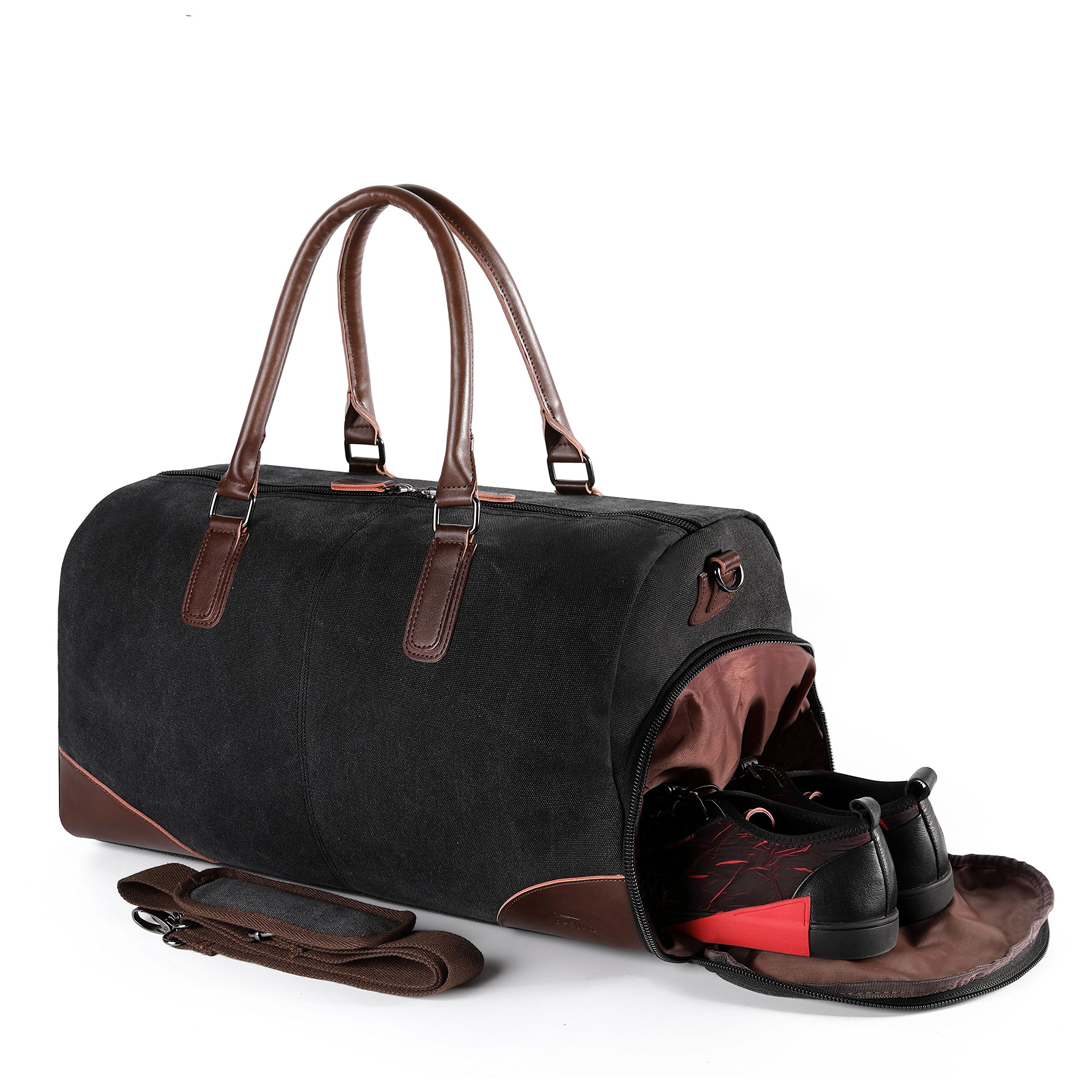 Fresion Canvas Leather Carry on Bag Weekender Overnight Holdall Tote Bag with Metal Buckle for Men with Shoe Pouch(Black)