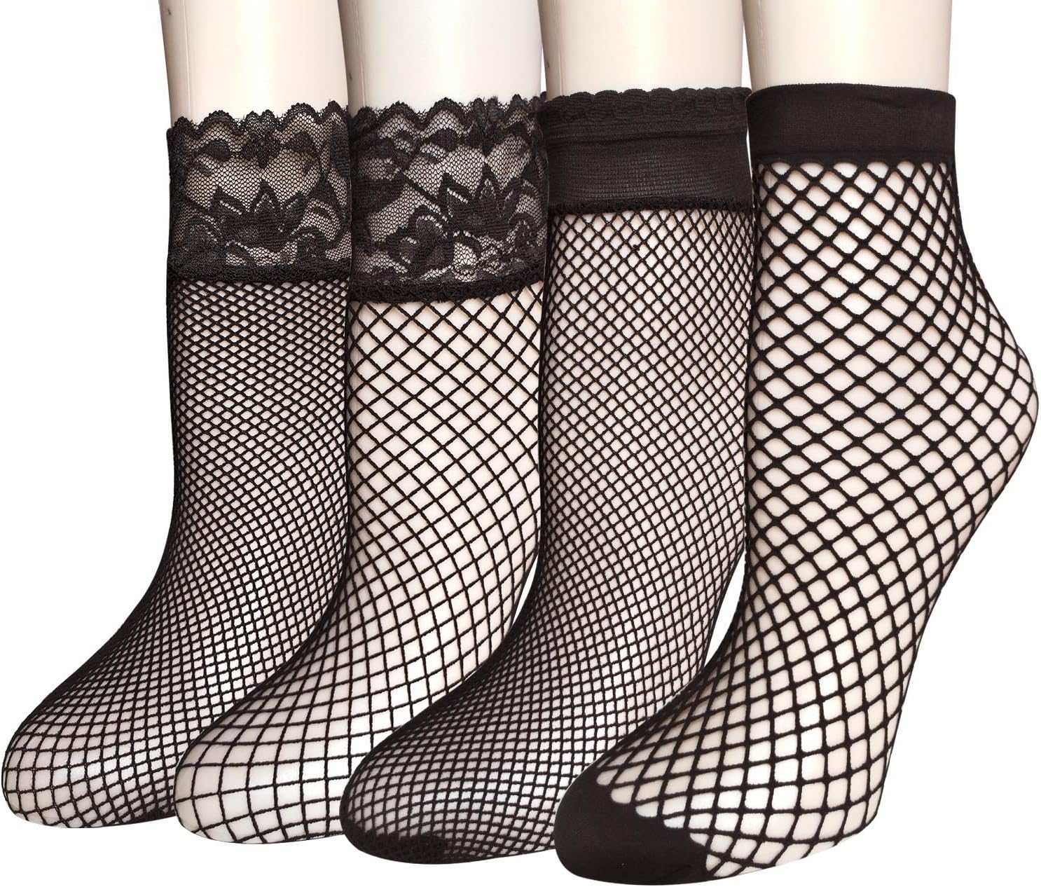 Pack of 4/5 Women's Lace Fishnet Sheer Ankle Dress Socks - Stylish Black