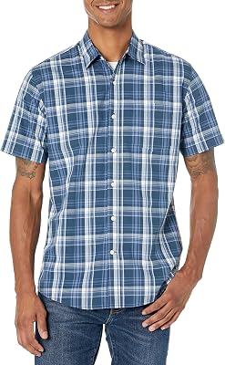 Camisa Informal de Popelina de Manga Corta Hombre, Azul Marino Cuadros Medio, M