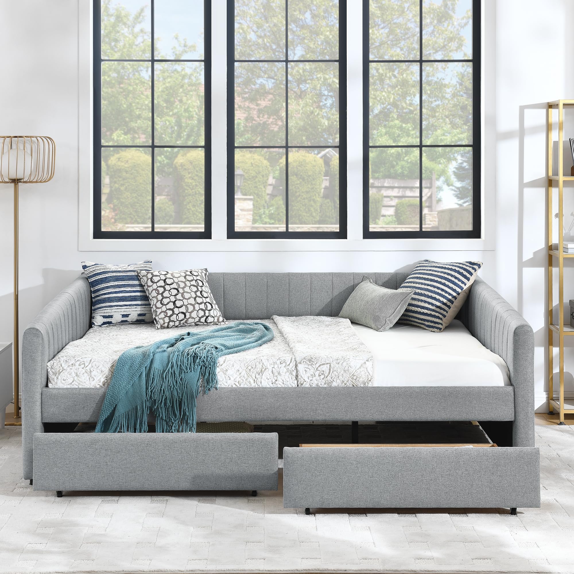Photo 1 of **CUT ON THE CORNER**KEIKI Queen Size Linen Upholstery Daybed with 2 Drawers, Modern Tufted Corner Sofa Bed Frame with Solid Wooden Slats, Easy Assembly, No Box Spring Required, for Living Room, Bedroom, Grey
