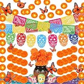 60Pcs Day of the Dead Decor, Dia De Los Muertos Altar Decoration for Diwali | 2Pcs Marigold Garland Lights, 30 Artificial Marigold Flowers, 12 Butterfly, Mexican Banners for Ofrenda Altars Parties Decor