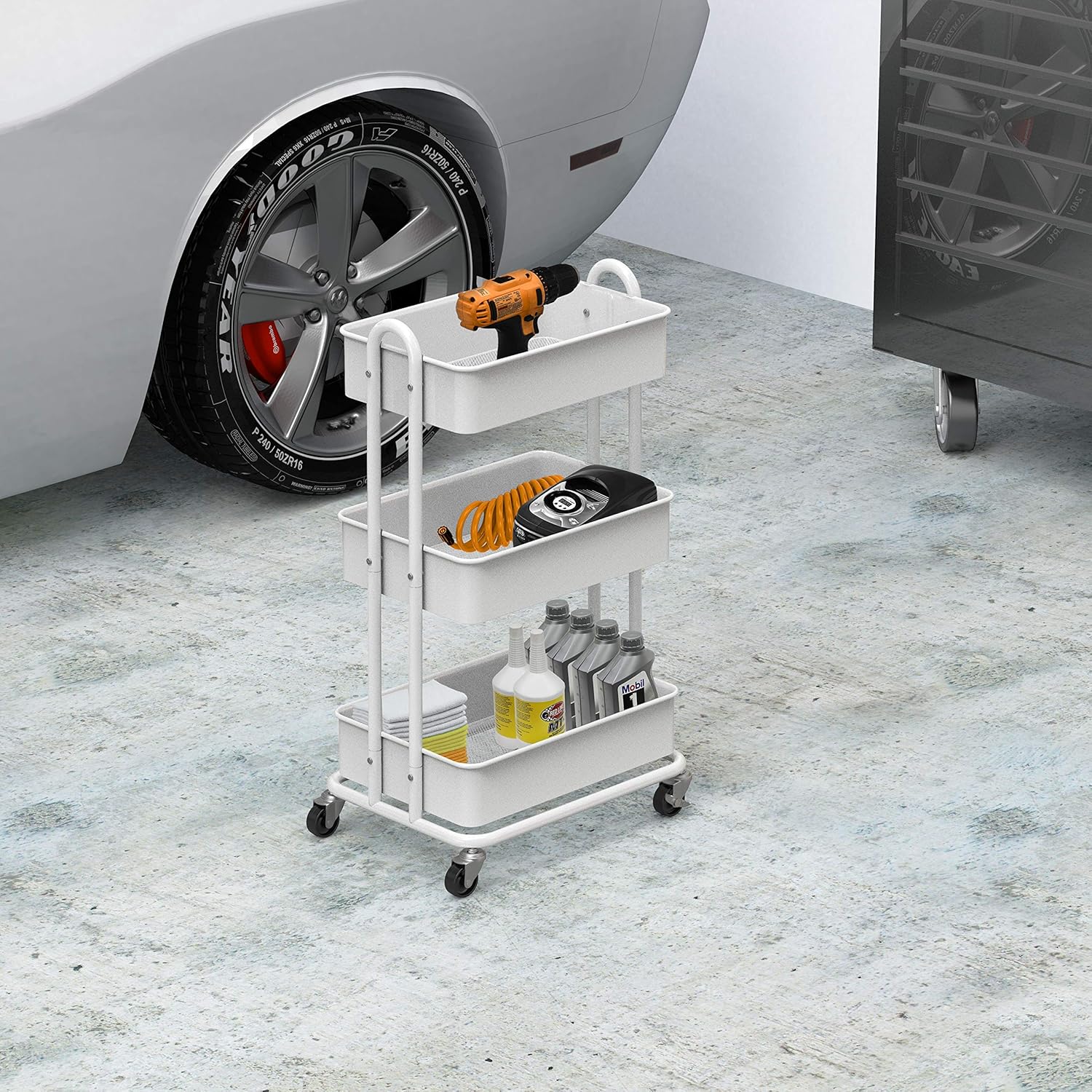 SimpleHouseware Heavy Duty 3-Tier Metal Utility Rolling Cart, White : Office Products