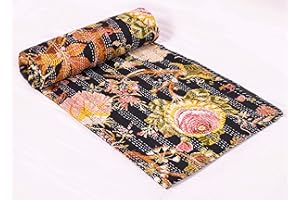 V Vedant Designs Indian Block Floral Print Queen Size Kantha Quilt Kantha Blanket Bed Cover Kantha Bedspread Bohemian Bedding Kantha Blanket (90X108 Inches) (Black)