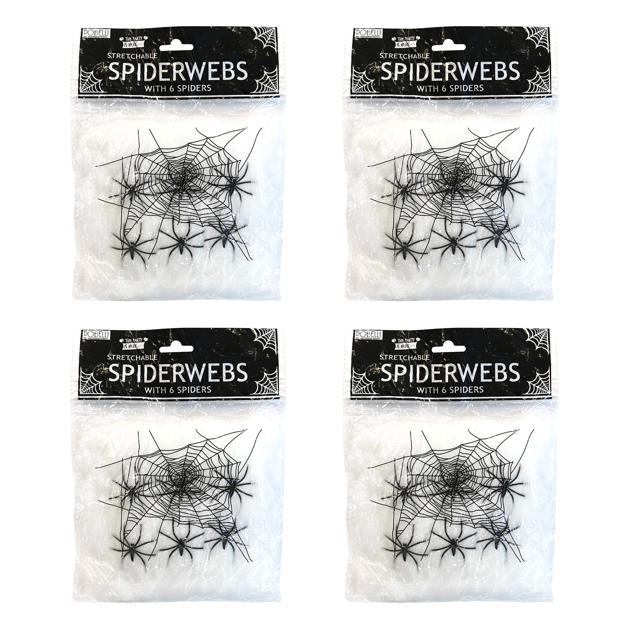 Robelli Pack of 4 Stretchable Spider Cob Web Halloween Decoration with Spiders