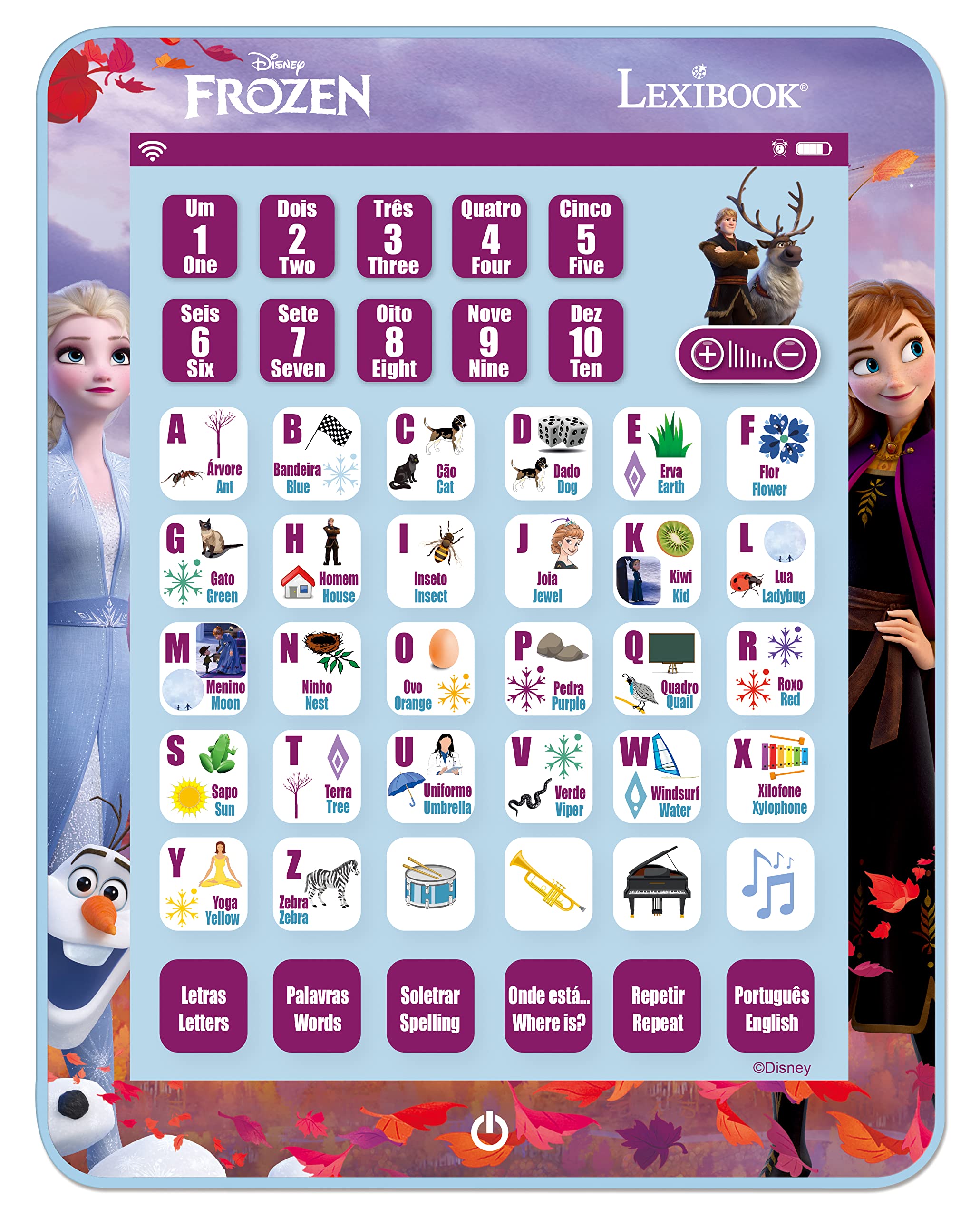 LEXIBOOK, Frozen, Educational Bilingual Learning Tablet, Learn letters numbers words spelling and music, English/Portuguese, Purple, JCPAD002FZi4