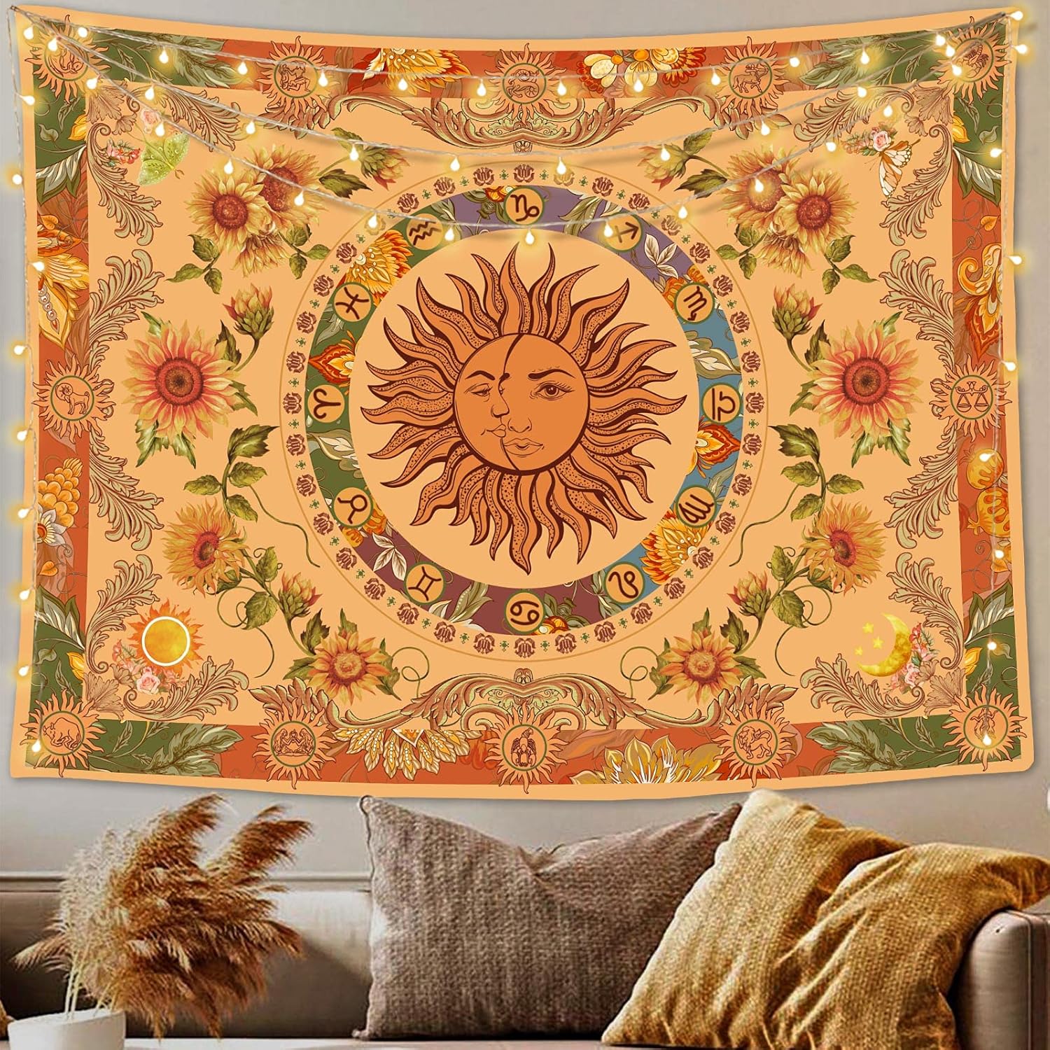 Tapestries - Accnicc Yellow Sun and Moon Vintage Indie Boho Tapestry Wall Hanging with Sunflowers Butterfly Moth Constellation Aesthetic Tapestries for Bedroom Dorm Living Room (Orange, 50'' × 60'')