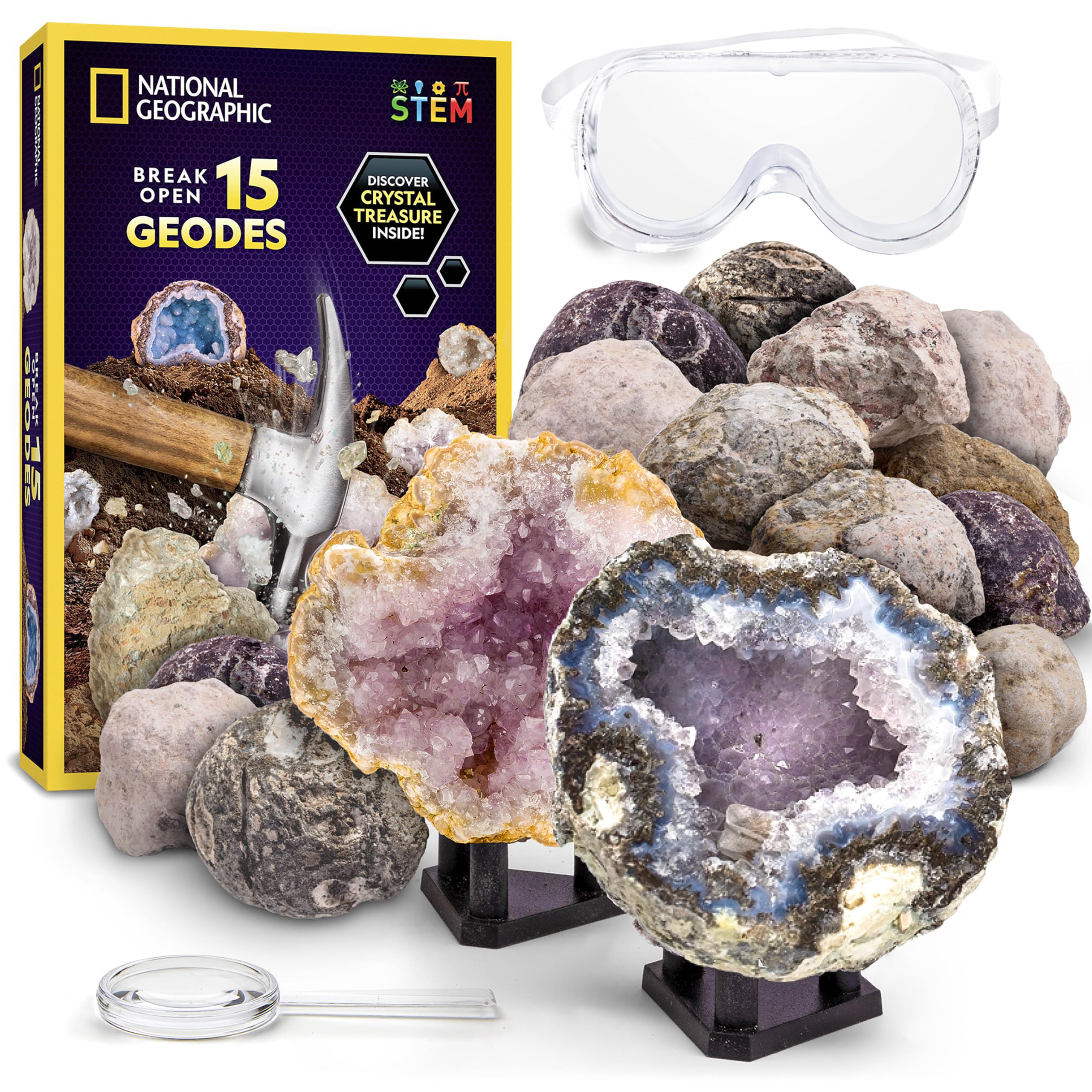 Blue Marble NATIONAL GEOGRAPHIC Break Open 15 Premium Geodes - with Goggles, Detailed Learning Guide, 3 Display Stands, Great Stem Science Toy & Educational Kit