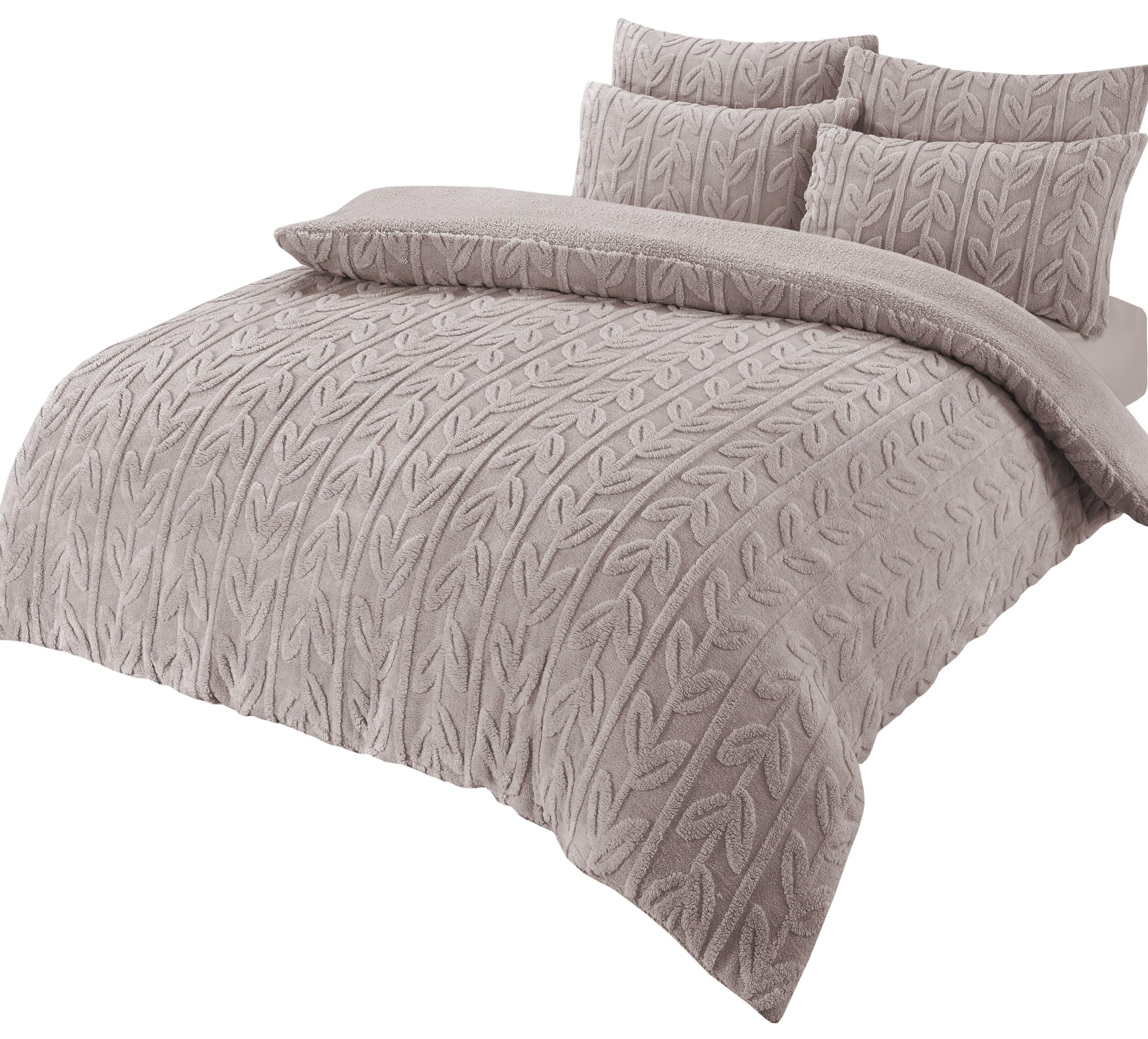 Olivia Rocco Leaf Teddy Fleece Duvet Cover Set Easy Care Quilt Bedding Sets with Pillow Case Thermal Warm Cosy Super Soft Fluffy Comforter Bed linens, Single Natural