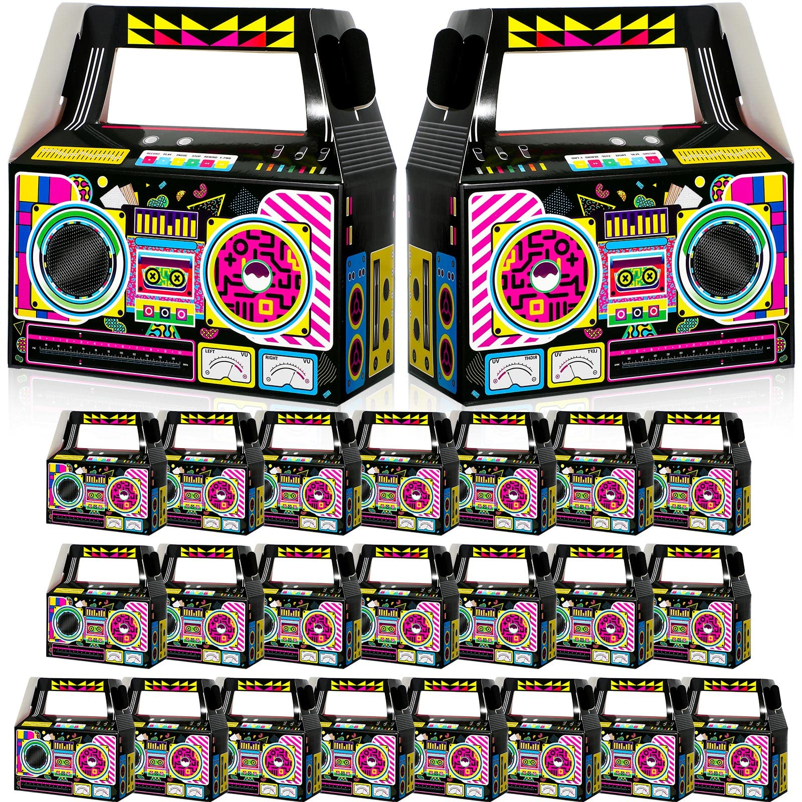 Zonon 24 Pcs 80s Party Favors Boxes 90s Novelty Boom Box Party Decoration Gift Treat Goodie Candy for Retro Radio Hip Hop Theme Table Centerpieces 4.8 x 2.4 x 5.2 Inch(New 80s)