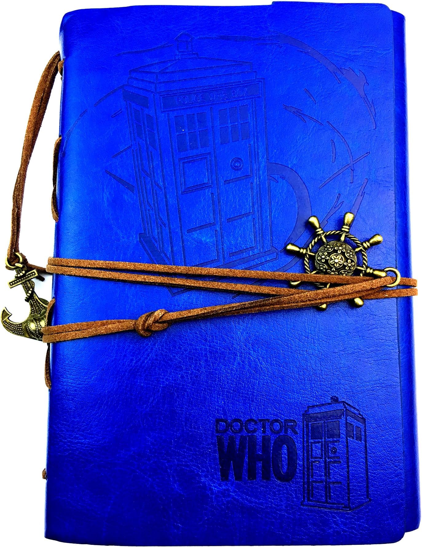 Vintage Refillable Journey Diary, Art Police BoxTardis Premium PU Leather Classic Embossed Travel Journal Notebook with Retro Pendants (Police Box)