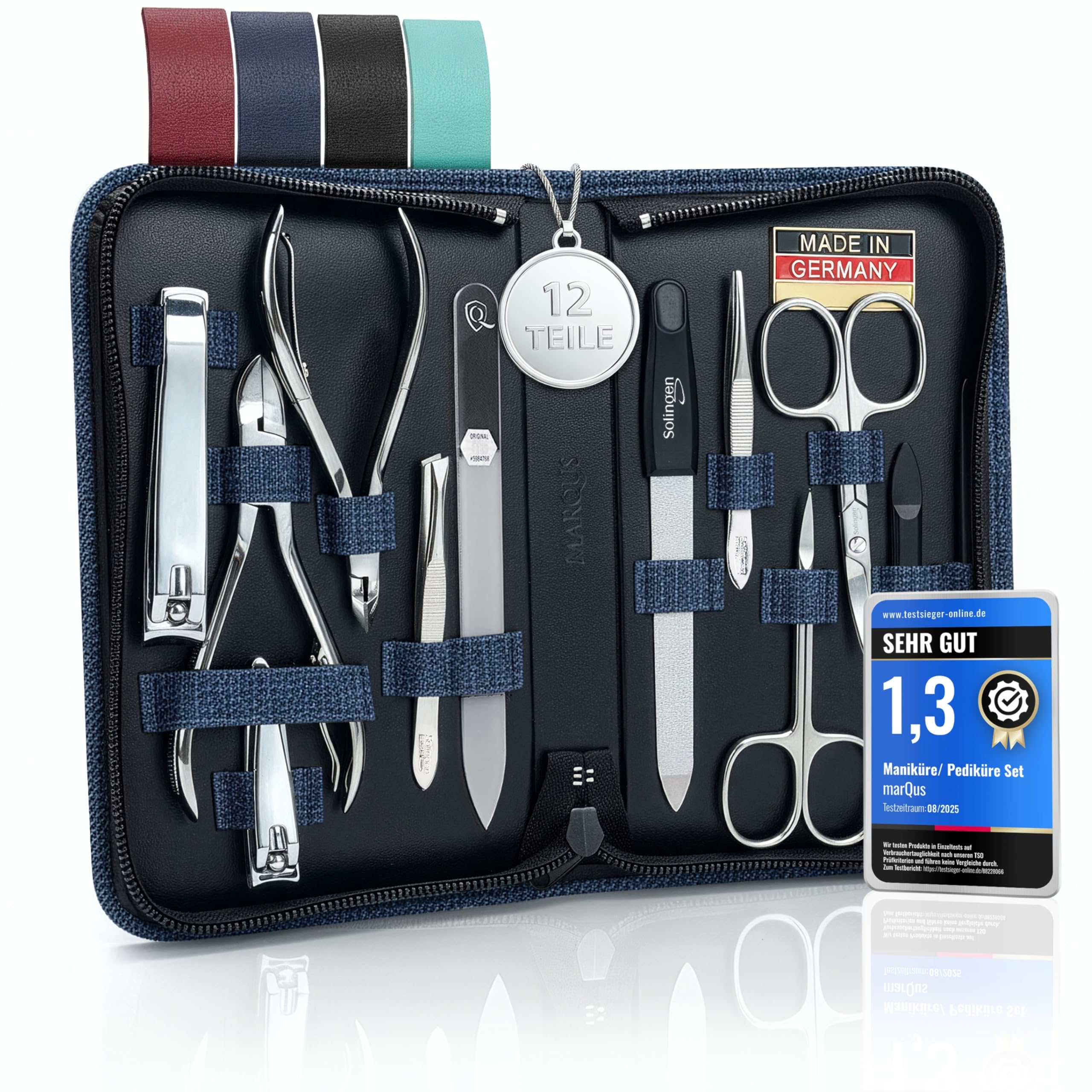 Solingen Manicure Set for women and men - 12 pcs kit - made in Germany incl. nail nippers, glass nailfile & pedicure tools - For natural, ceramic & painted nails, jeans