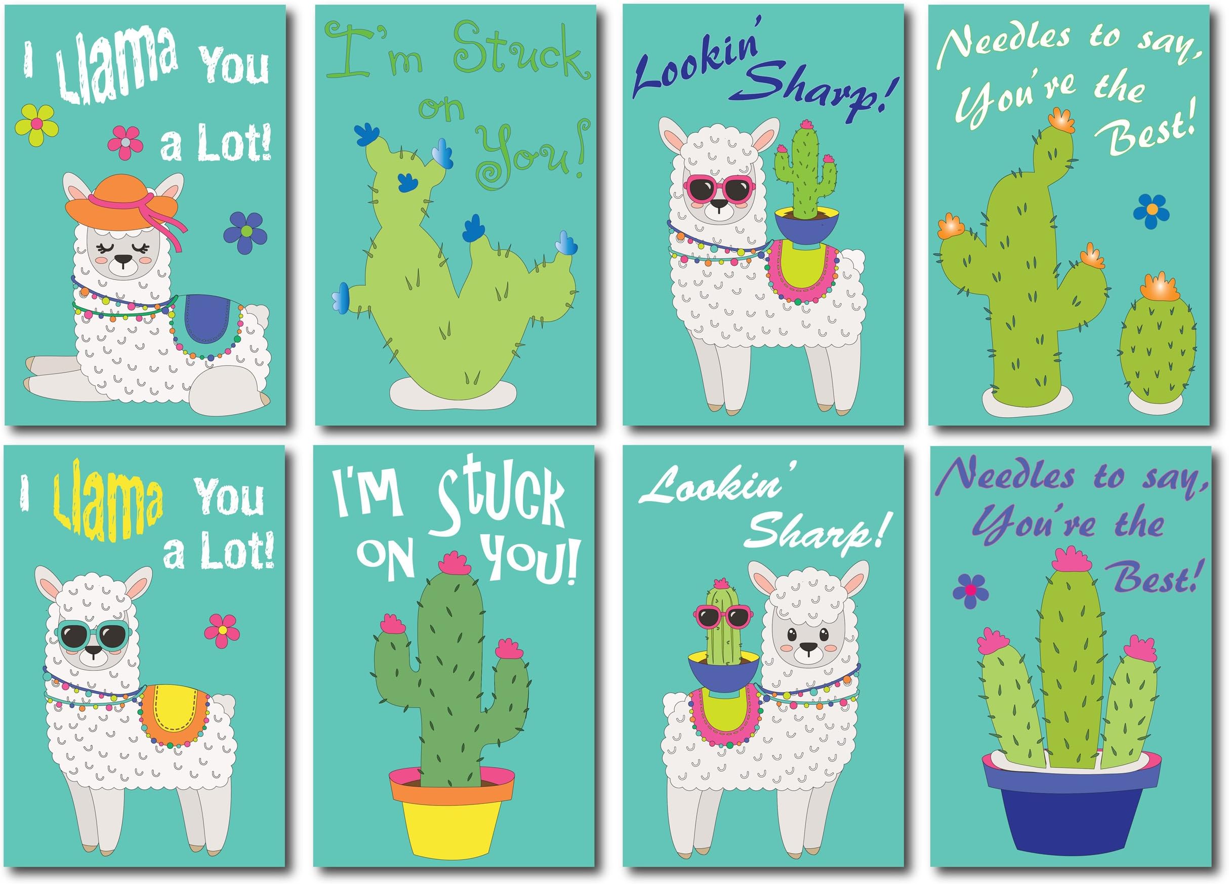 Llama and Cactus Boho Buddies Valentine Variety Pack of 16 Postcards with Envelopes
