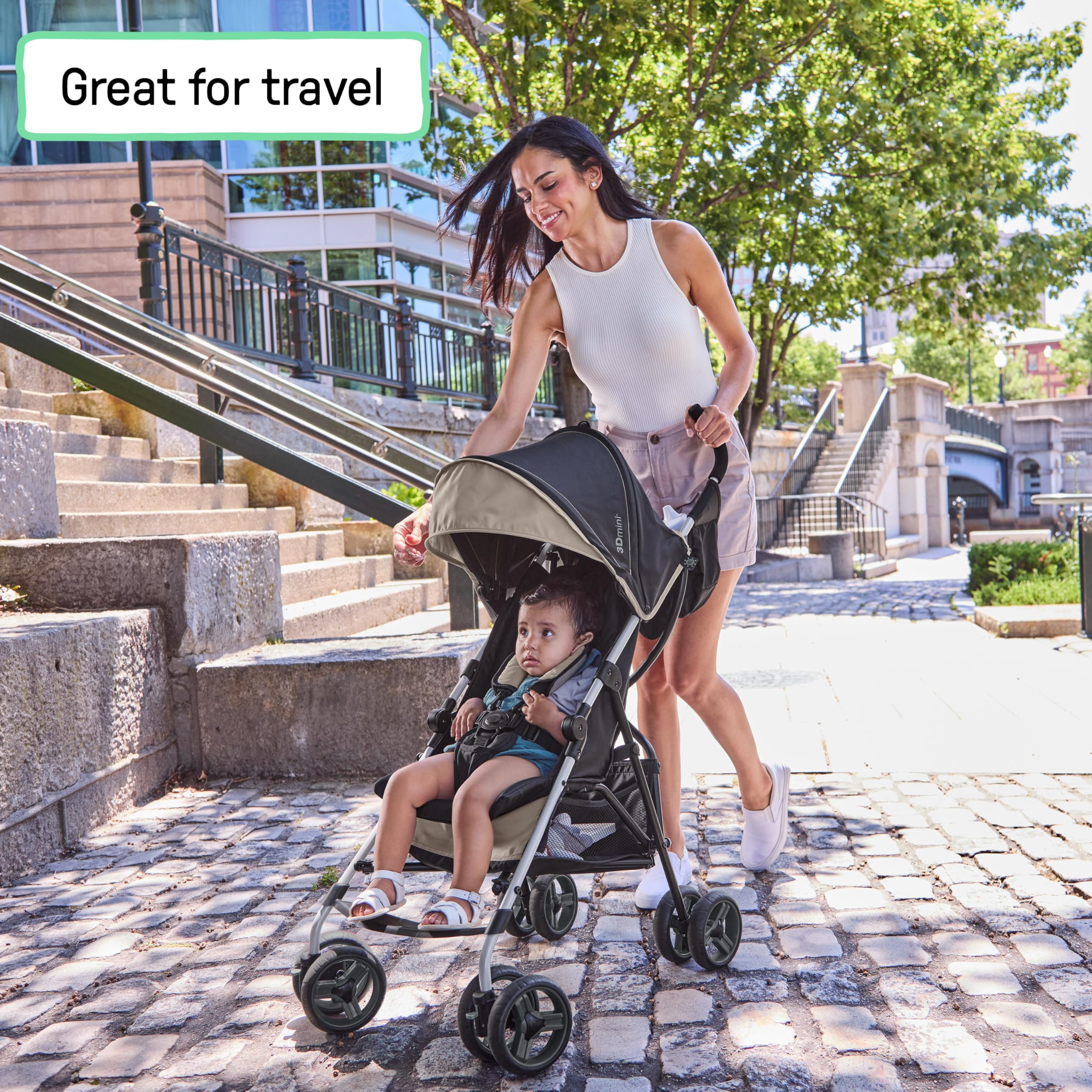 Ingenuity3D Mini Convenience Stroller – Lightweight Stroller with Compact Fold, Multi-Position Recline, Canopy with Pop Out Sun Visor – Umbrella Stroller for Travel and More, Cashew Tan