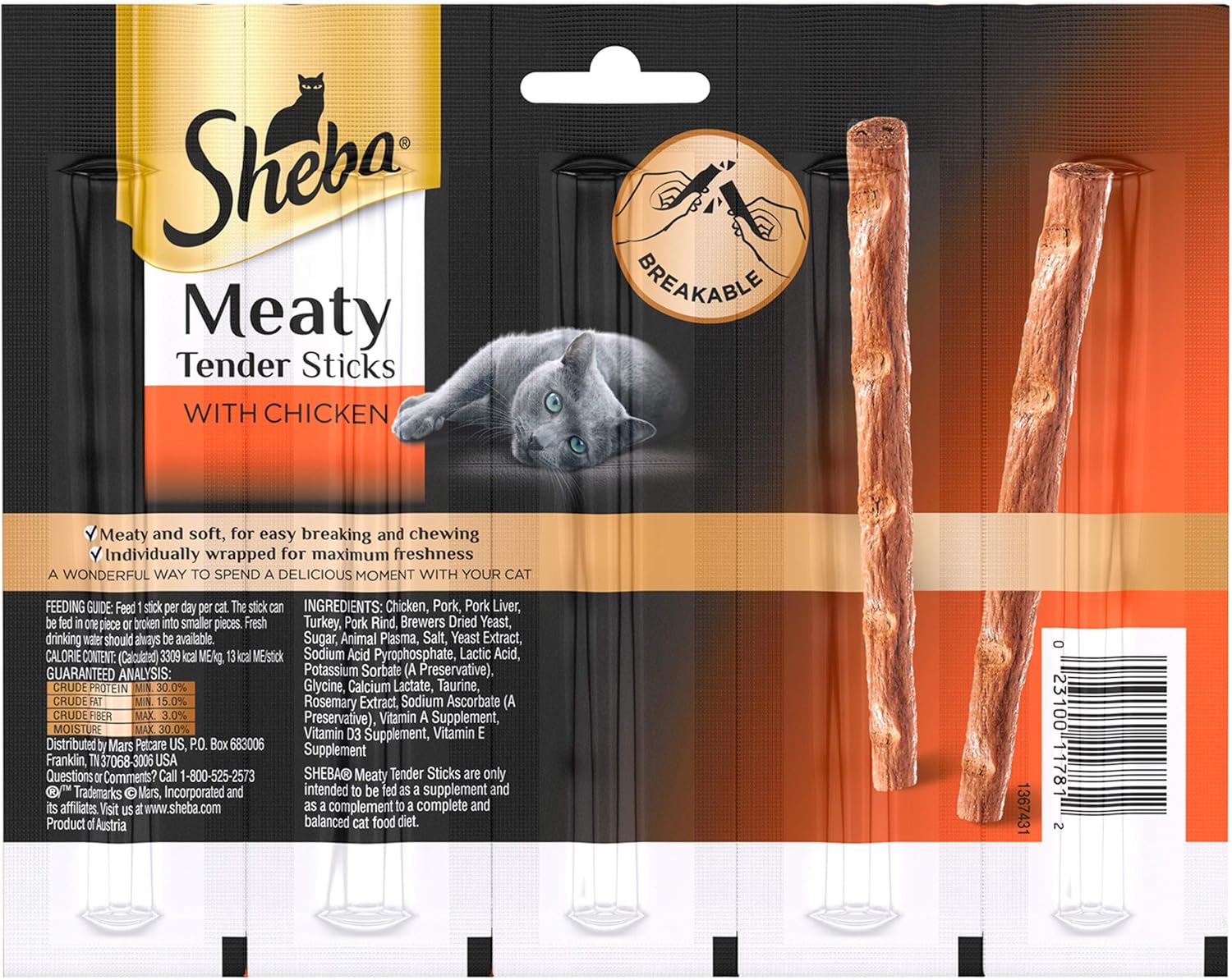 SHEBA Meaty Tender Sticks Soft Cat Treats Chicken Flavor, (5 Treats) 0.14 oz. Sticks (Pack of 10) : Pet Supplies