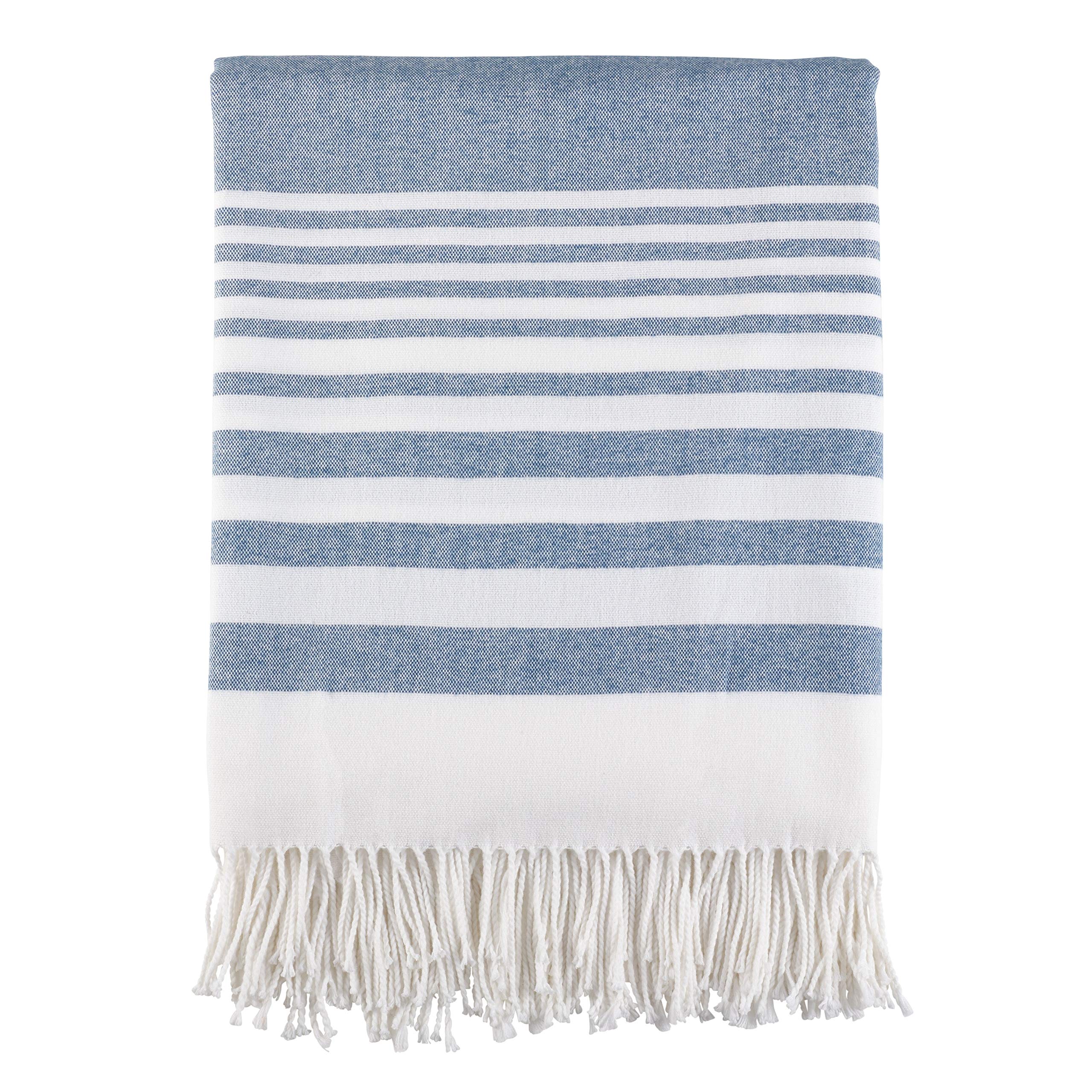SARO LIFESTYLE Sevan Collection Stripe Pattern Fringe Hem Lightweight Throw Blanket, 50" x 60", Navy Blue