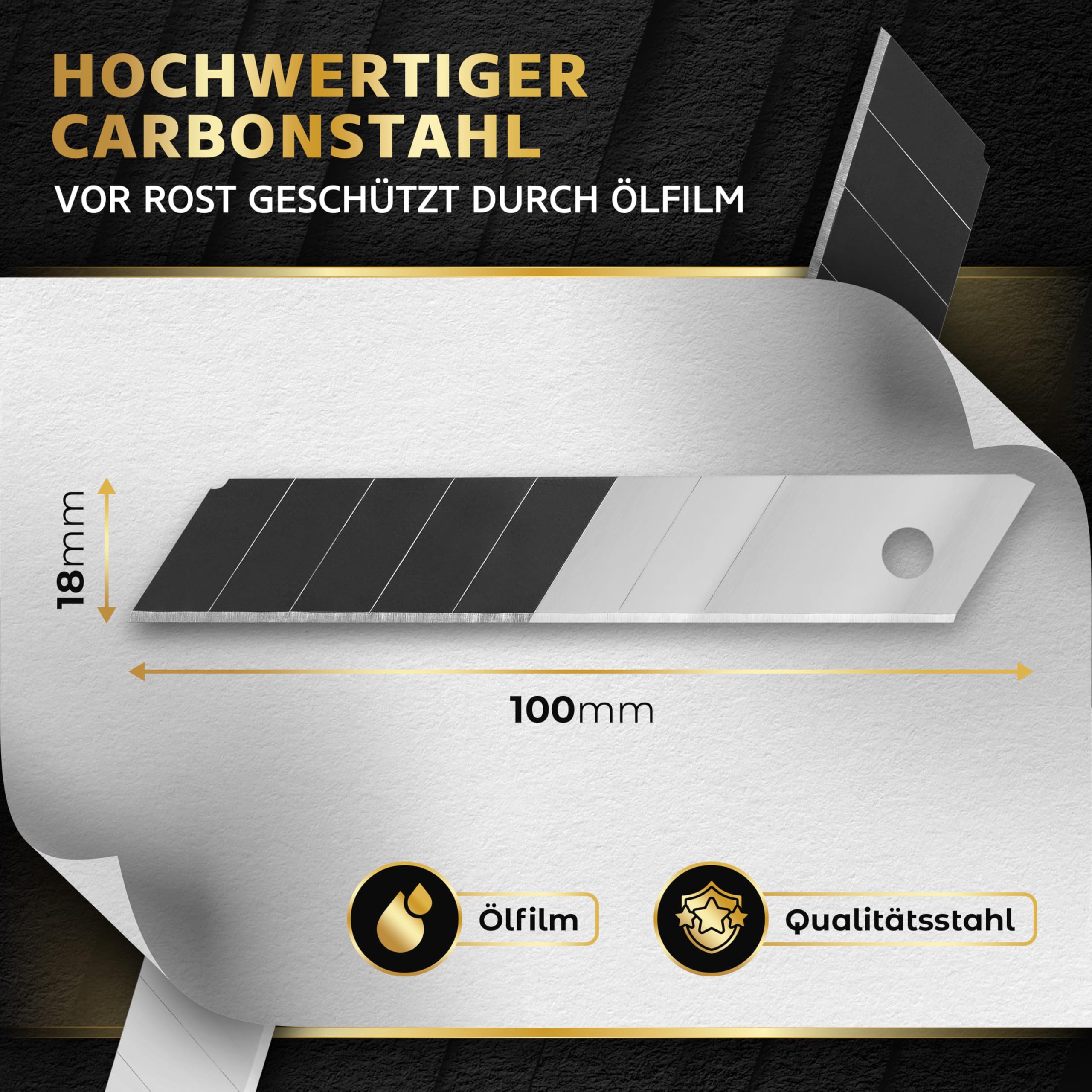 KRAFTFELS 60x Profi Cuttermesser Klingen 18mm - Ersatzklingen Cuttermesser aus hochwertigem Carbonstahl - Klingen Cutter Messer - Gehärtet & ultra scharf - Abbrechklingen für Cutter Messer Schwarz 5