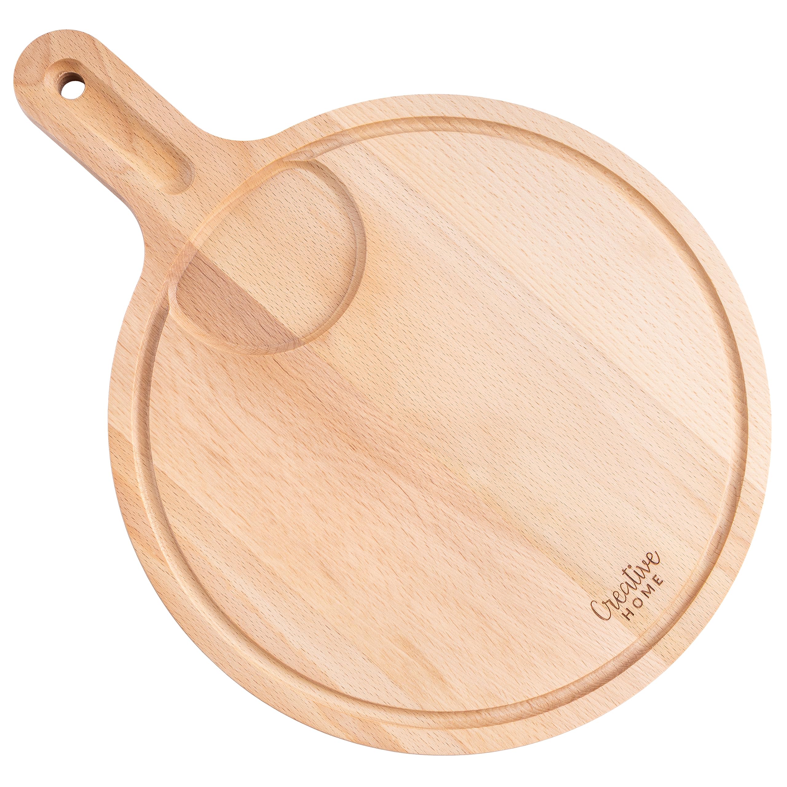 Creative Home Wooden Round Pizza Chopping Cutting Serving Board | 40 x 30 x 1.5 cm | Plate with Wood Handle | Reversible | Perfect for Any Kitchen & Home as a Serving Platter for Snacks Cheese Bread