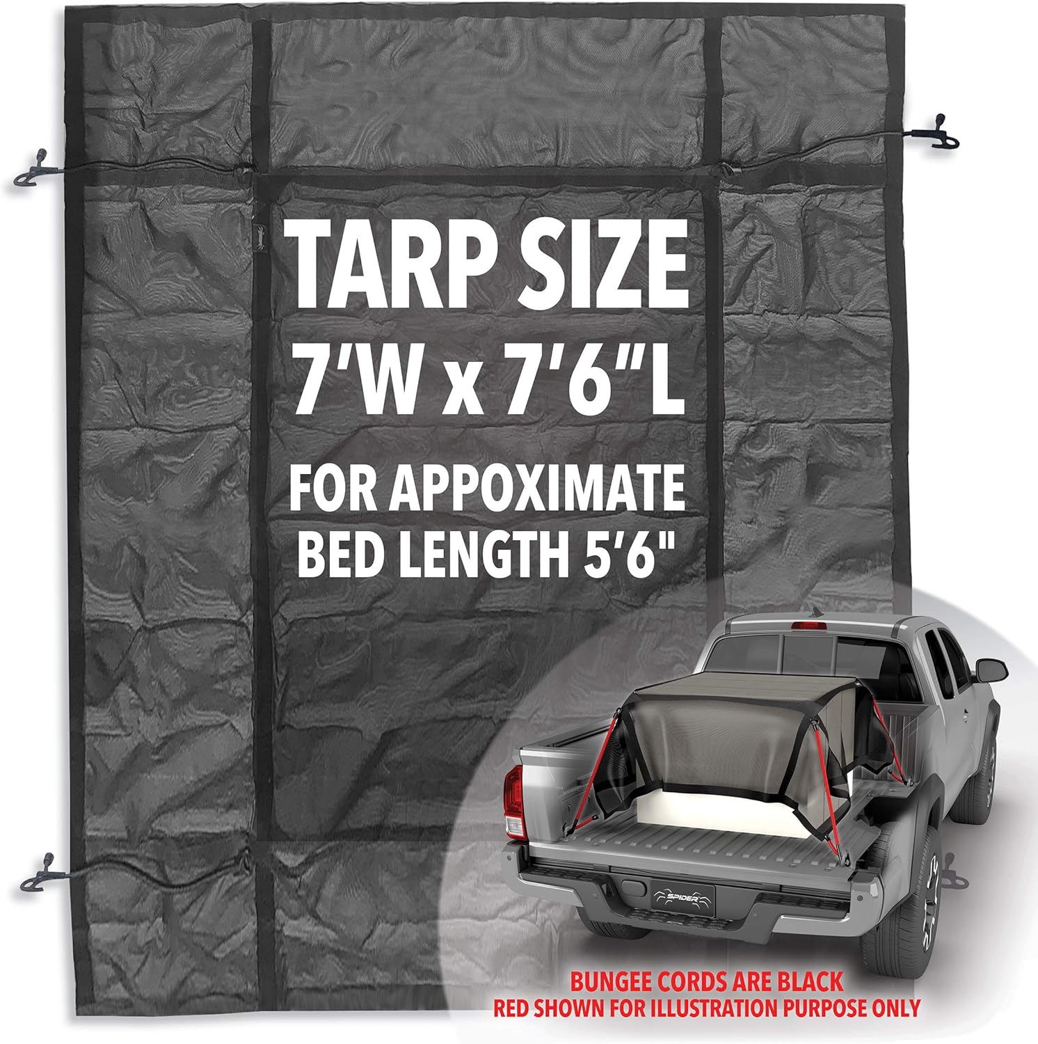 Spider Smart Tarp, 7’ x 7’ 6” Heavy Duty Cargo Net for Short Bed Pickup