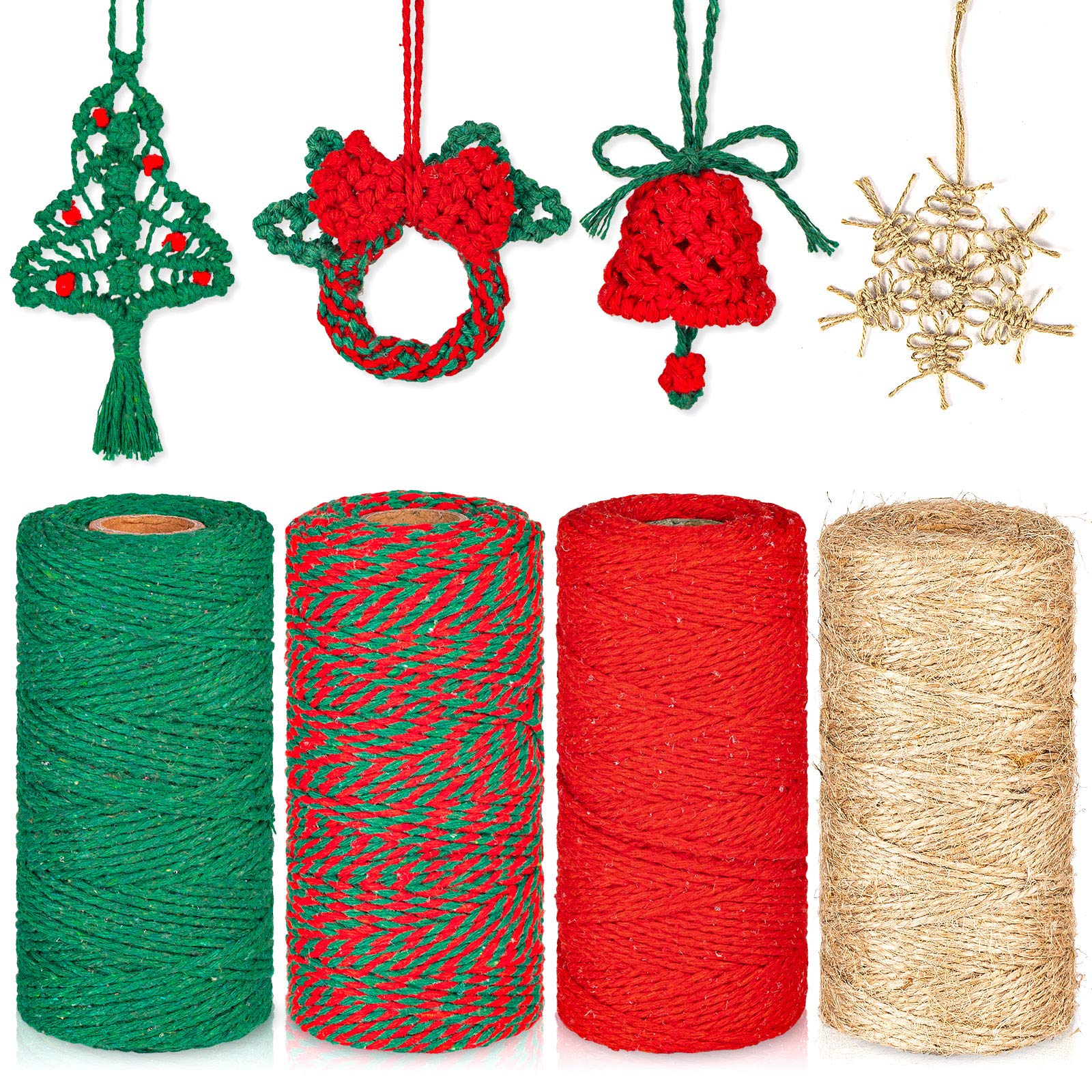Whaline 1312 Feet Christmas Twine Red Green Cotton String with Jute Twine Christmas Wrapping Rope Cord for Xmas DIY Art Crafts Gifts Presents Baking, 4 Roll, 2mm