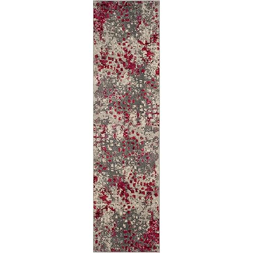 Safavieh Monaco Collection MNC225R Boho Chic Abstract Watercolor Non-Shedding Stain Resistant Living Room Bedroom Runner, 2'2" x 12' , Grey / Fuchsia