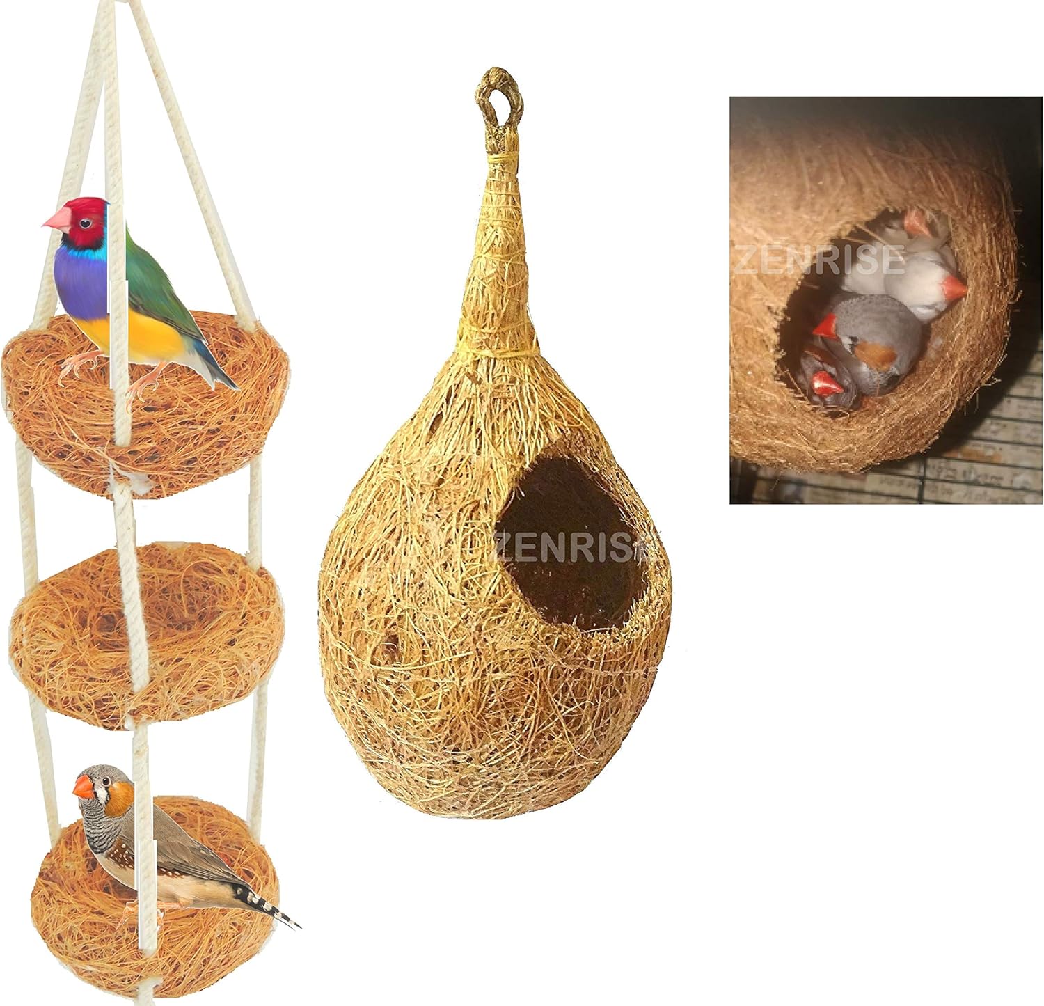 ZENRISE Coir Bird Nest and Swing Toy for Small Birds