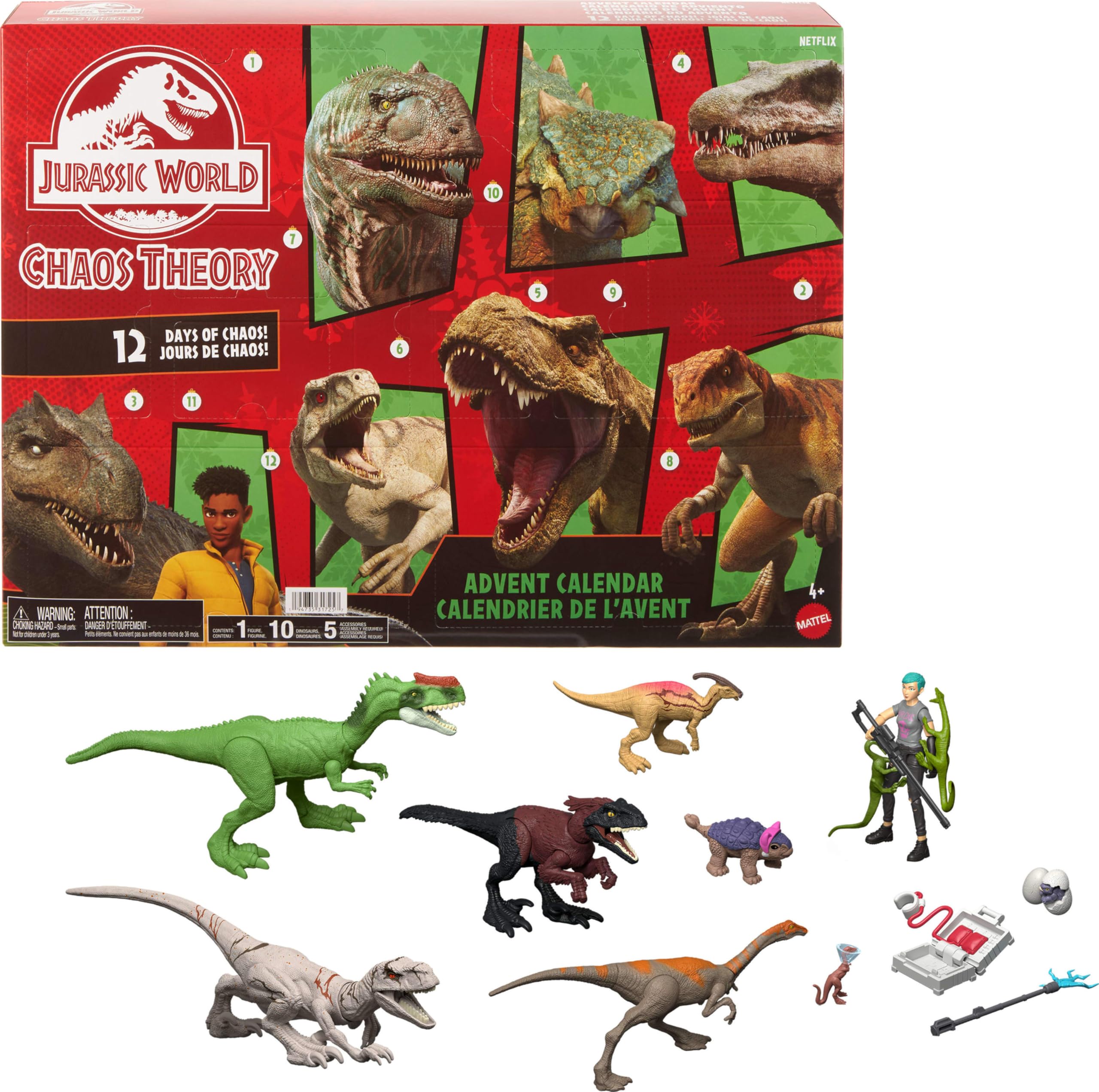 Mattel ​Jurassic World Chaos Theory Exclusive Advent Calendar with 12 Doors, 12 Days of Surprises, Smoothie & 8 Other Dinosaur Figures, Brooklynn Figure, JGM17