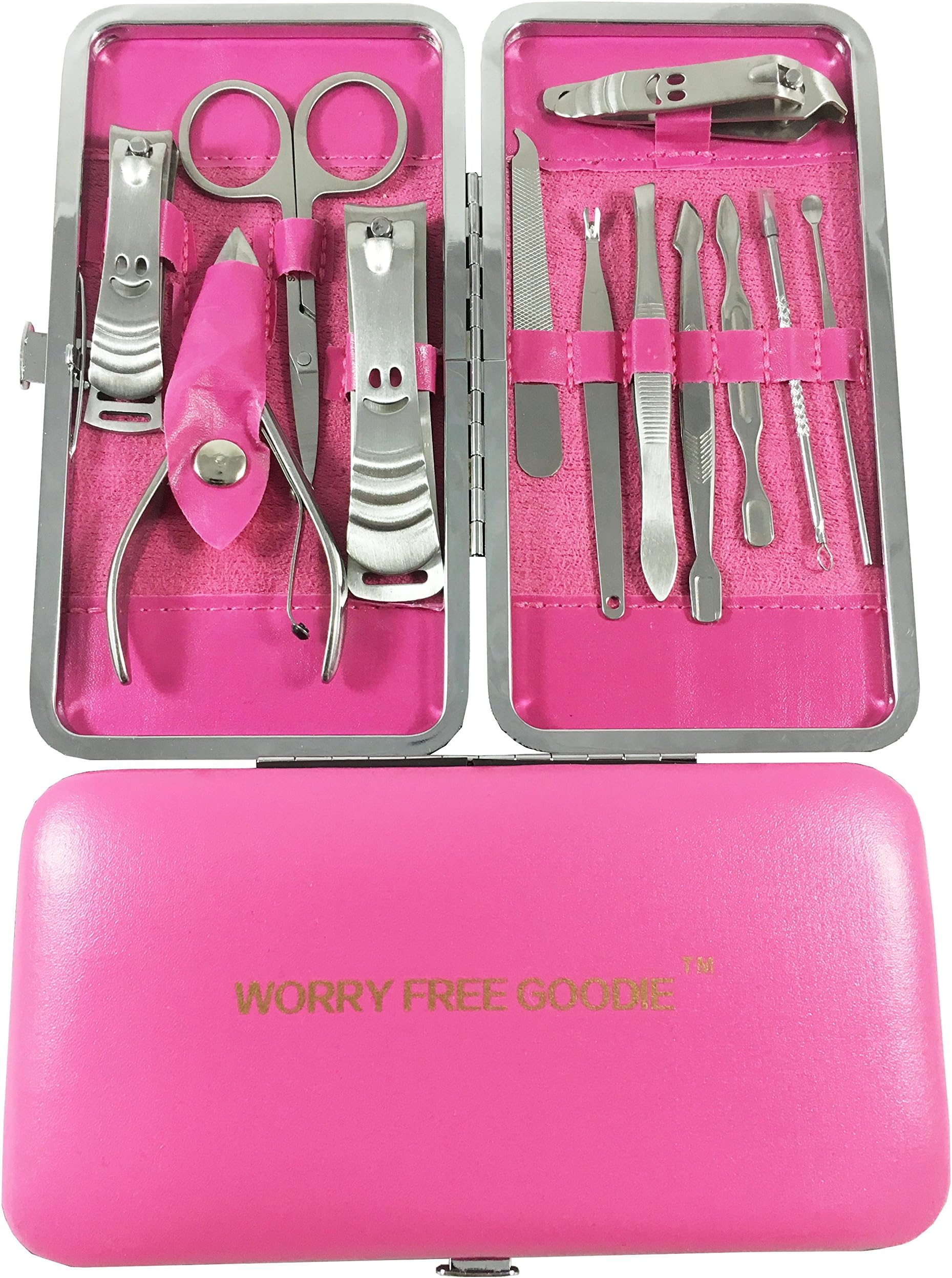 Hand-Sharpened,Surgical Steel Grade, Hot Pink 12in1 Manicure Set,Manicure Kit,Grooming Kit,Grooming set,Pedicure Set,Pedicure Kit,Manicure Tools,Nail Cleaning Set,Nail Cleaning Kit,Nail Cleaner Set