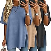 Baggyfly 3 Pack Women's Oversized Waffle Knit Short Sleeve Tops Side Split Crewneck Loose Long T-Shirts Summer Casual Tees