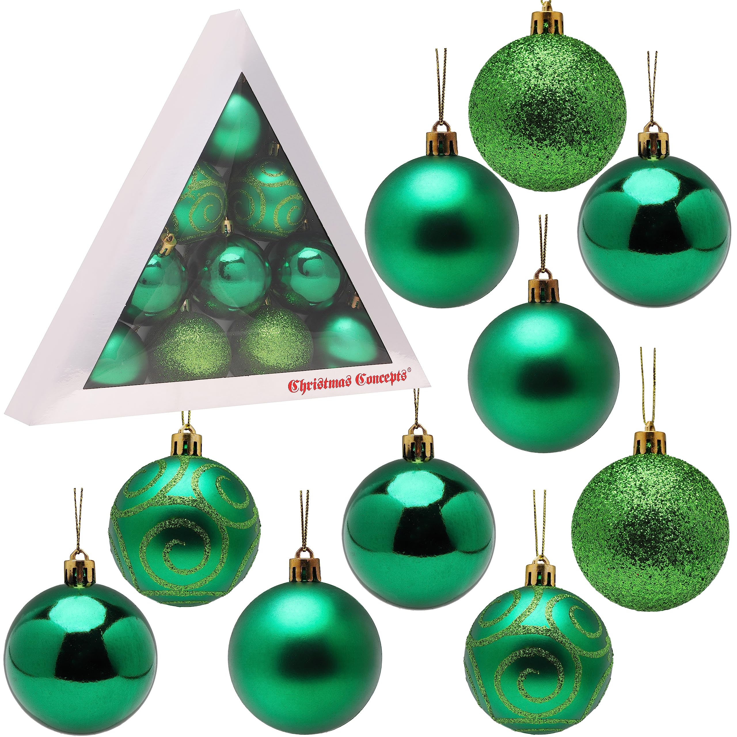 Christmas Concepts® Pack of 10-60mm (2.4") Christmas Tree Baubles - Shiny, Matte & Glitter Decorated Baubles (Emerald Green)