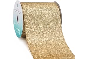 CT CRAFT LLC Glitter Wired Ribbon 4" x 10 Yards Light Gold for Christmas Home Decor Bow Gift Wrapping DIY Crafts Wreath