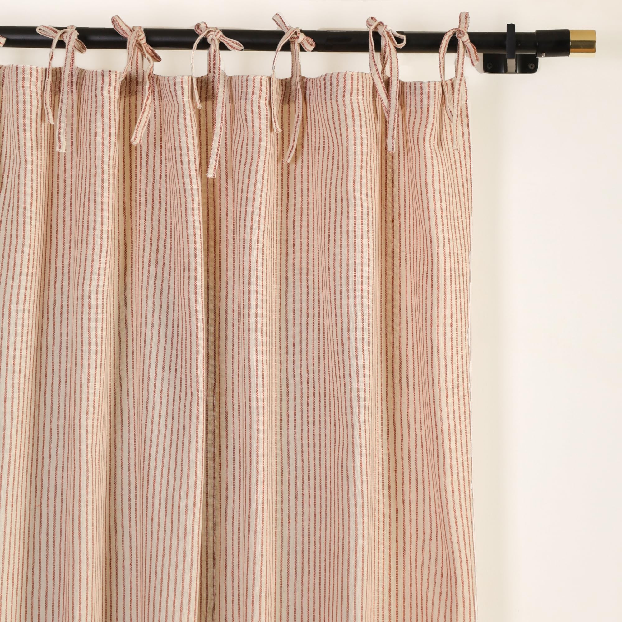 THE ART BOX Gauze Striped Curtains, Boho Linen Gauze Tie Top Hanging Curtains Light Filtering Door Window Treatment 2 Panel Drapes for Living Room Home Décor Maroon on Beige (63"x42" Each Panel)