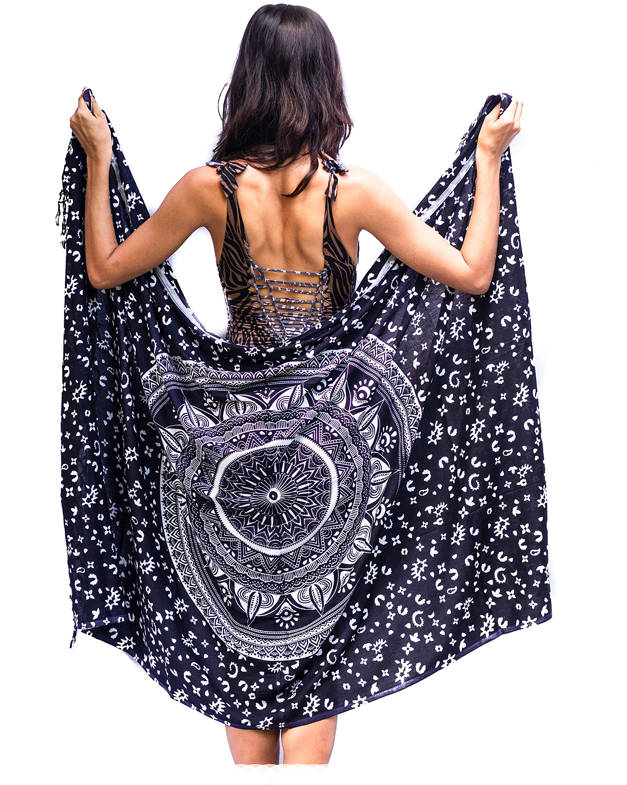 Boho Mandala Pareo Sarong Bikini Cover Up with Tassels – Super Soft Lightweight Cotton, Large Indian Peacock Print Black
