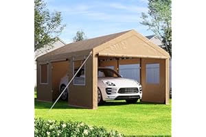 SANWAY 12'x20' Heavy Duty Carport with Removable Sidewalls & Doors, Portable Carport Canopy with Roll-up Ventilated Windows, Beige
