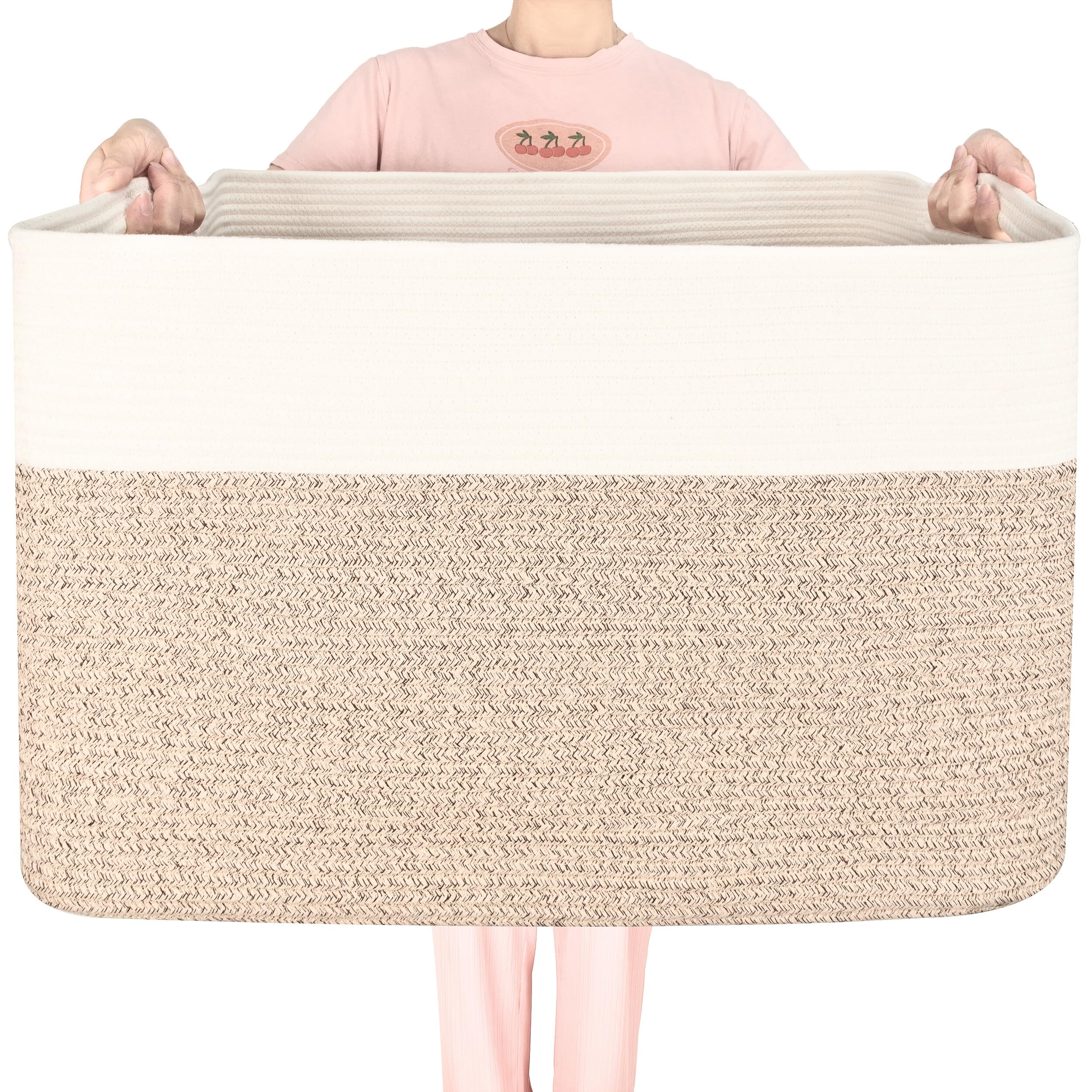 Photo 1 of MINTWOOD Design 112L Extra Large Blanket Basket Holder Living Room, 25"x17"x16" Rectangle Rope Woven Storage Basket with Handles for Laundry, Pool Towels, Shoes, Dog Toy Organizer Bin Box, Light Brown