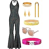 SOMSOC 70s Women Disco Fashion Jumpsuit Costume Accessories Set with Scarf Earrings Bracelet Glasses Belt for Halloween