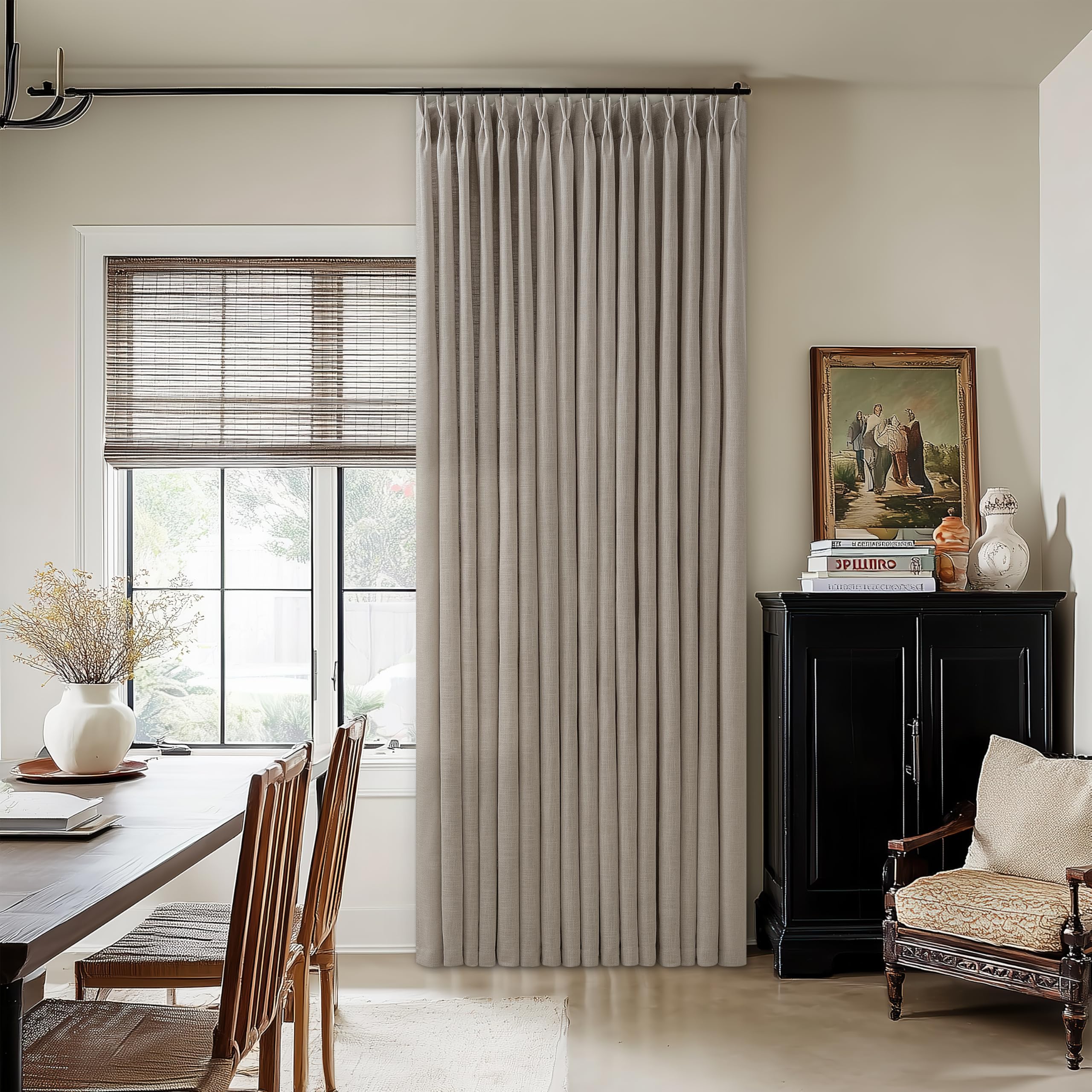Photo 1 of Pinch Pleated Linen Curtains 84 Inch Length for Living Room Bedroom Textured Burlywood Birch Semi Sheer Boho Neutral Back Tab Pinch Pleat Hooks Rings Window Curtain 84 Inches Long 1 Panel Taupe