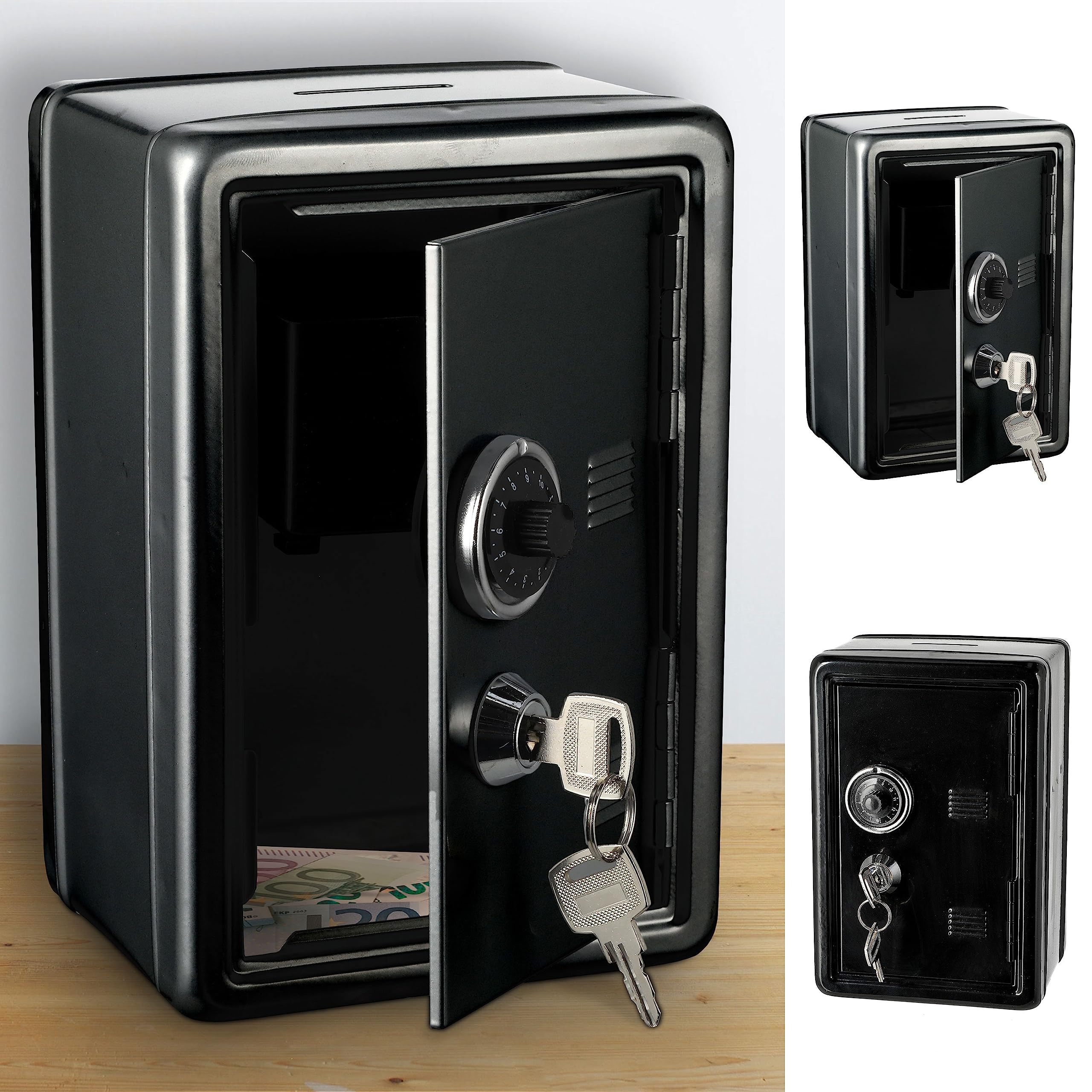 Money Box Safe with Money Slot │ Metal 12 x 18 x 10 cm Black │ 2 Keys Combination Lock (1 x Money Box Safe Black)