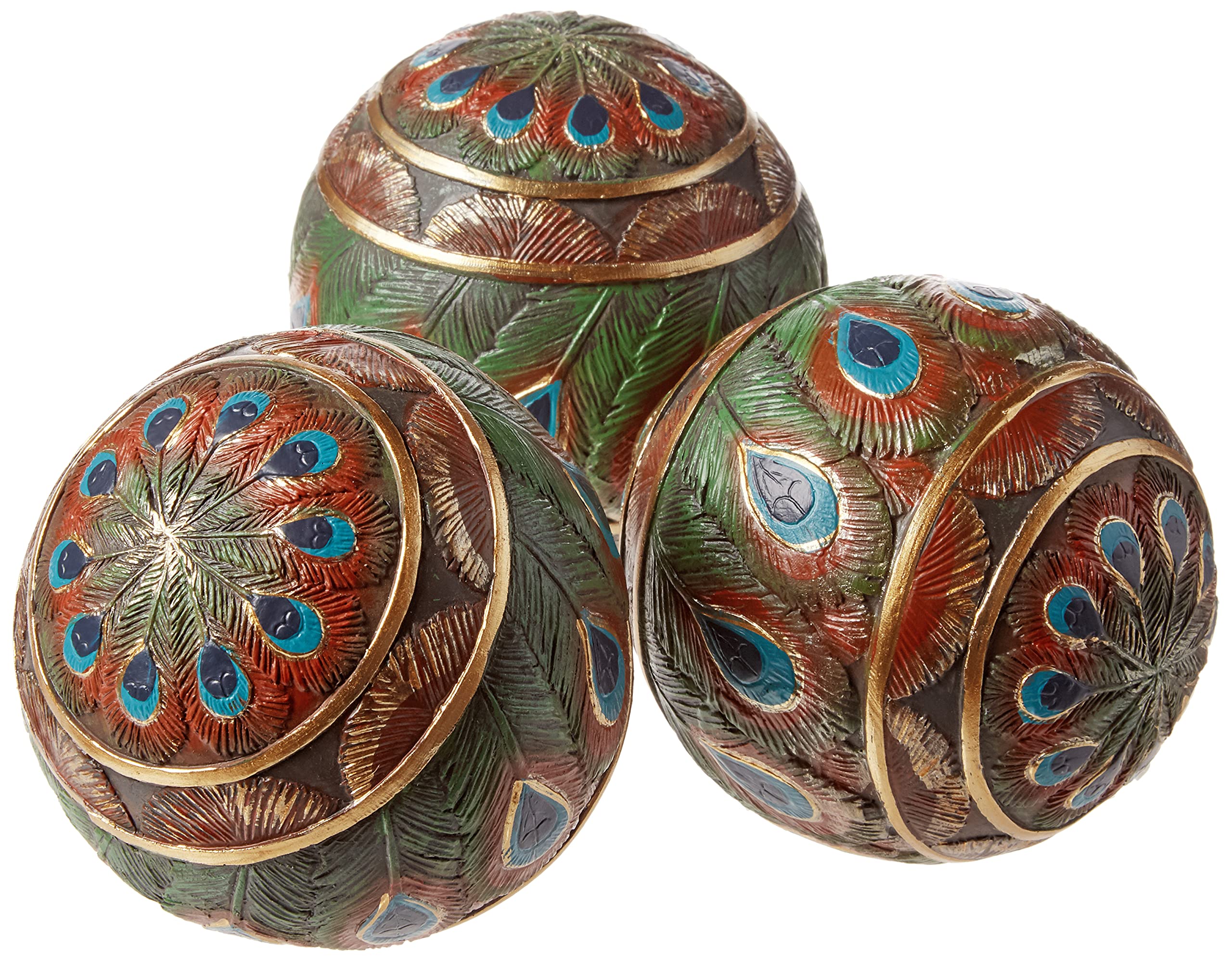 Design Toscano QM25572 Peacock Feathered Orbs Decorative Accent Balls, Set of Three, Polyresin, Full Color, 8 cm, Blue, Green, and Gold