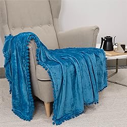 PAVILIA Teal Blue Throw Blanket Pom Pom for