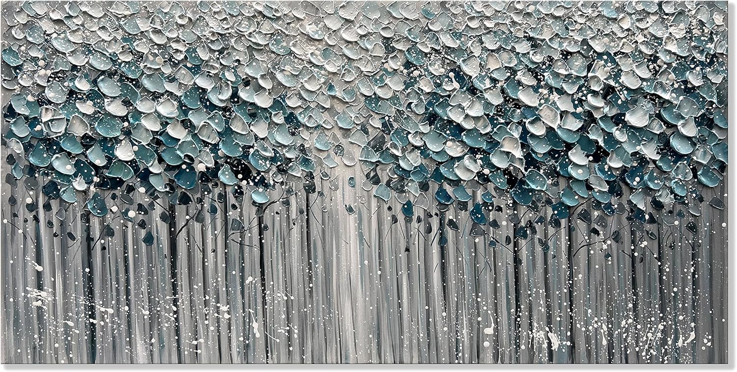 Paintings - zoinart 24x48 Inch 3D Oil Paintings on Canvas Blue Forest Heavy Textured Painting Wall Art Wall Decoration Flower Artwork Ready to Hang