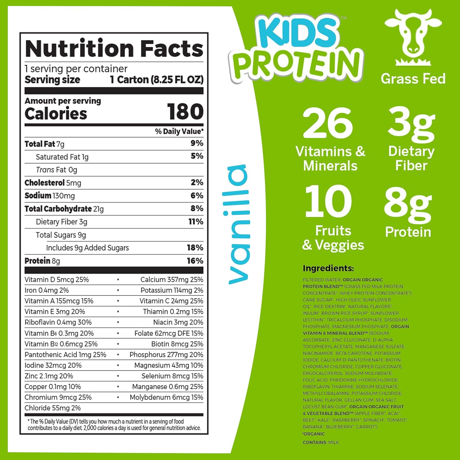 Orgain Organic Kids Protein Nutritional Shake, Vanilla - Great for Breakfast & Snacks, 26 Vitamins & Minerals, 10 Fruits & Vegetables, Gluten Free, Soy Free, 8.25 Oz, 12 Count (Packaging May Vary) : Meal Replacement Drinks : Grocery & Gourmet Food