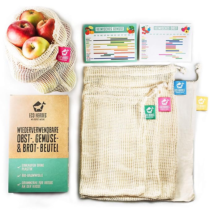 ECO HEROES Gemüsebeutel und Obstbeutel im 5er-Set - EXTRA NACHHALTIG & STABIL aus Bio Baumwolle - Gemüsenetze, Obstnetze & Br